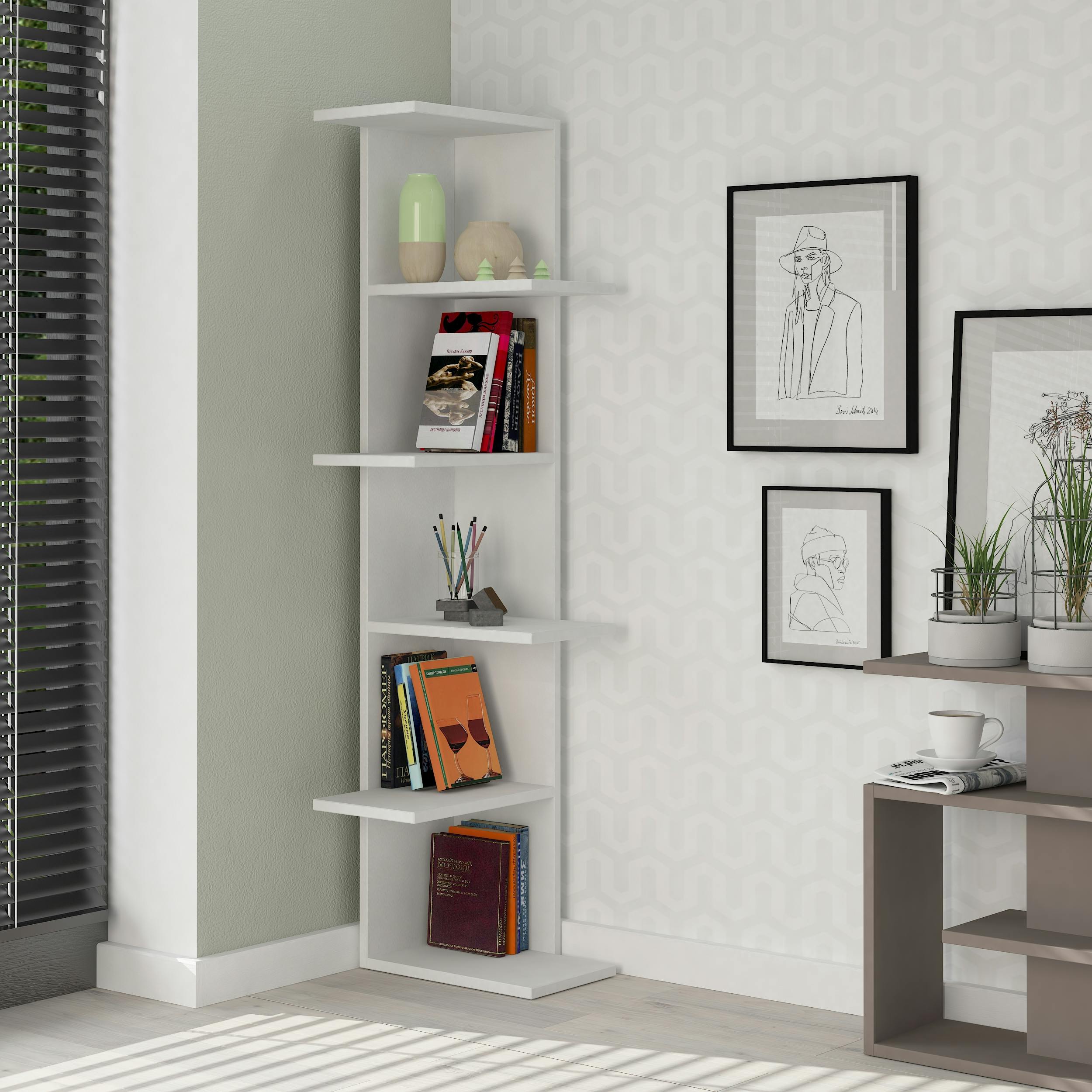 Rackhams White Saso Modern Corner Bookcase Display Unit Medium 141(H)Cm
