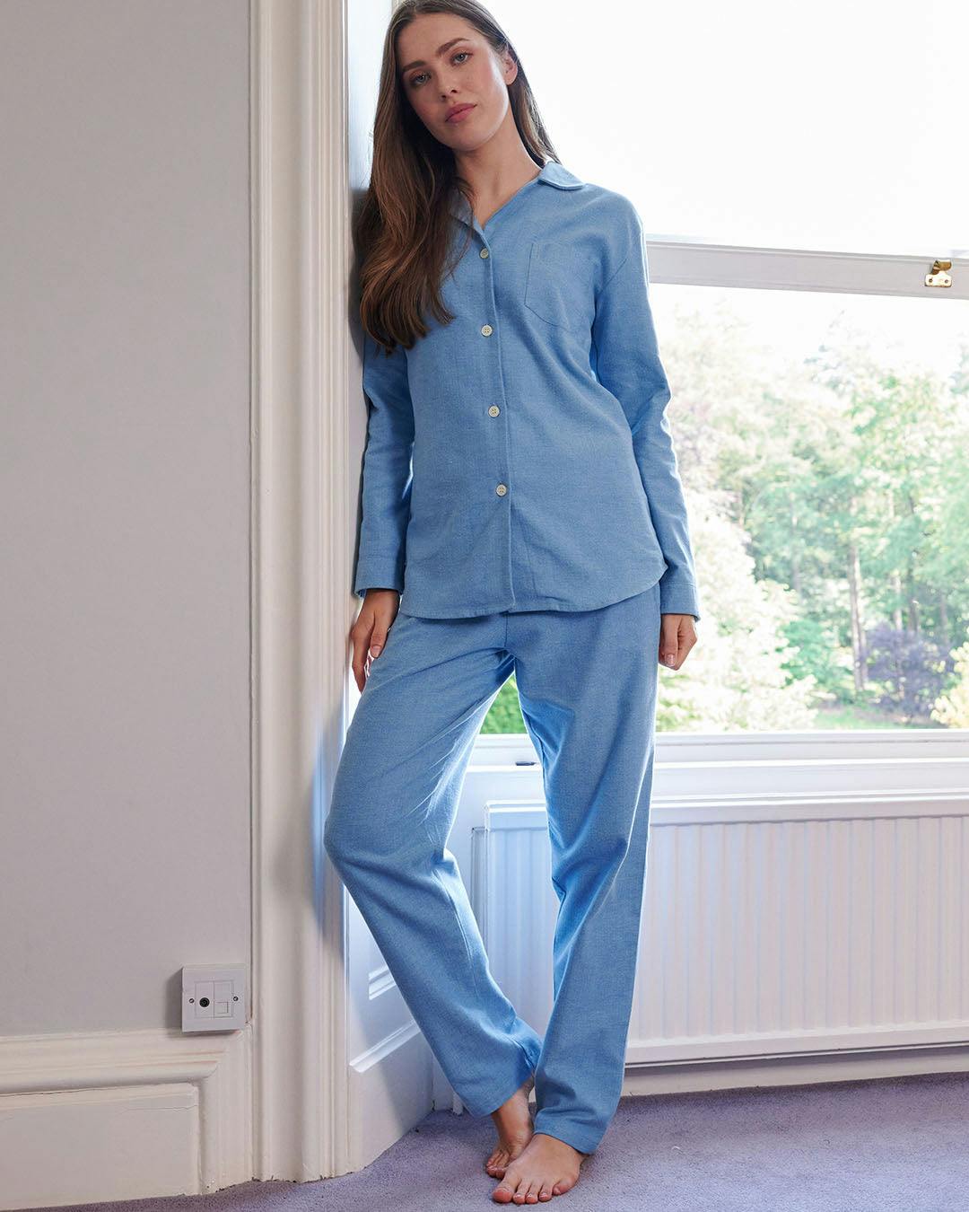 British Boxers Women's Sky Blue Brushed Cotton Pyjama Set – Herringbone - XX-Large