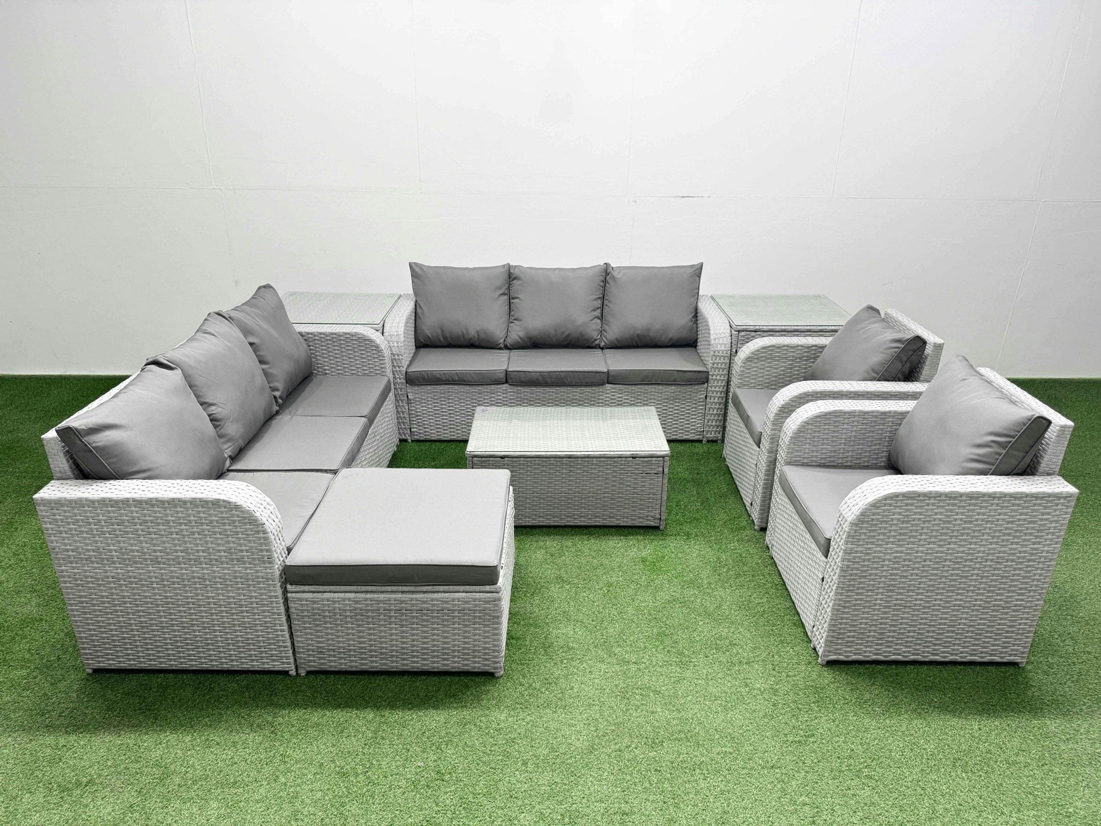 Fimous Light/Grey Pe Rattan High Back Lounge Sofa Set Patio Coffee Table & Chairs Set With 3 Seater Sofa Reclining Chair Big Footstool 2 Side Table