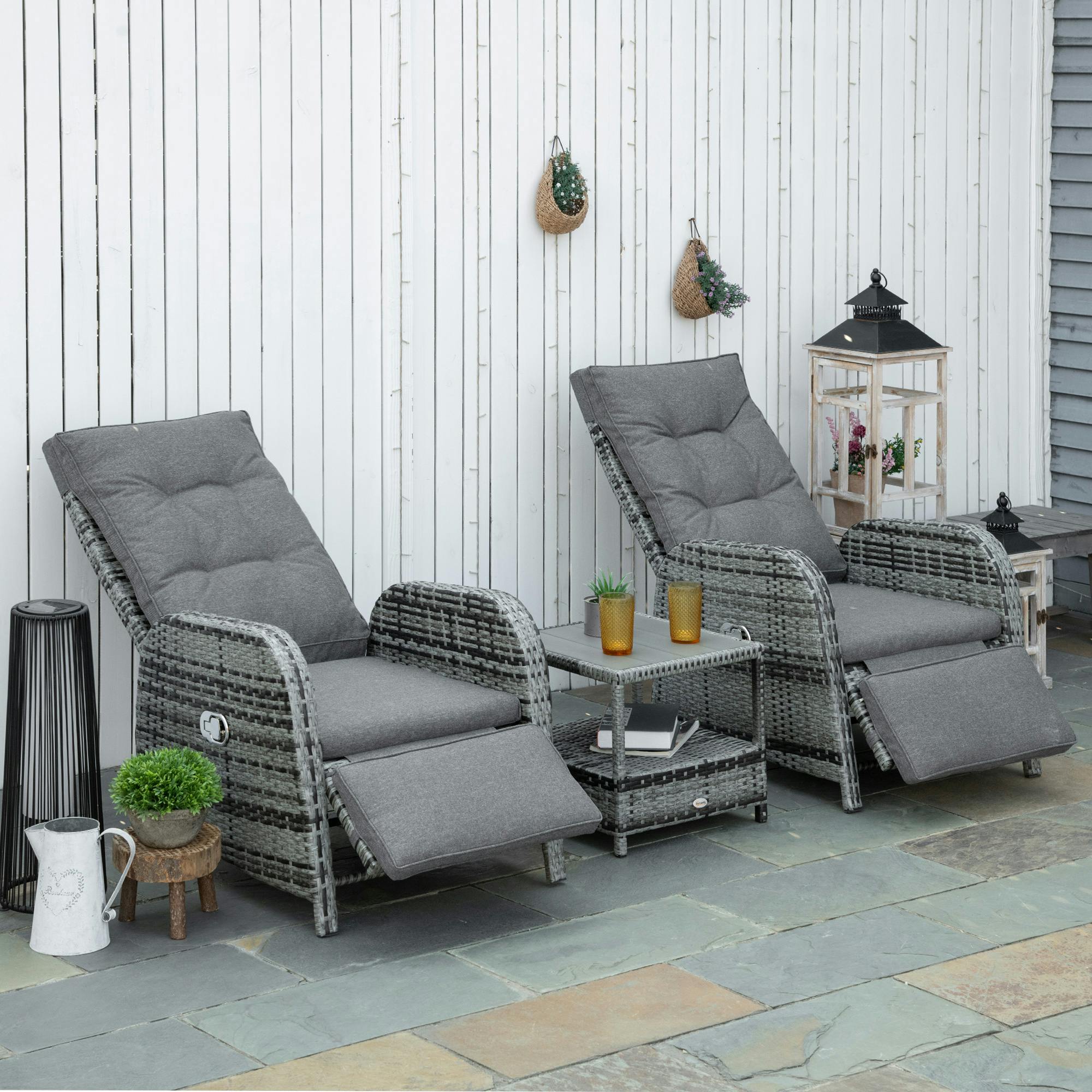 Rackhams Grey 3 Pcs Rattan Chaise Lounge Set With Cushion For Patio Yard