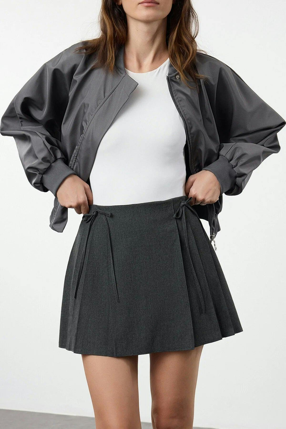 Wovcor Dark/Grey Mini Woven Skirt With Pleat And Ribbon Detail - 10