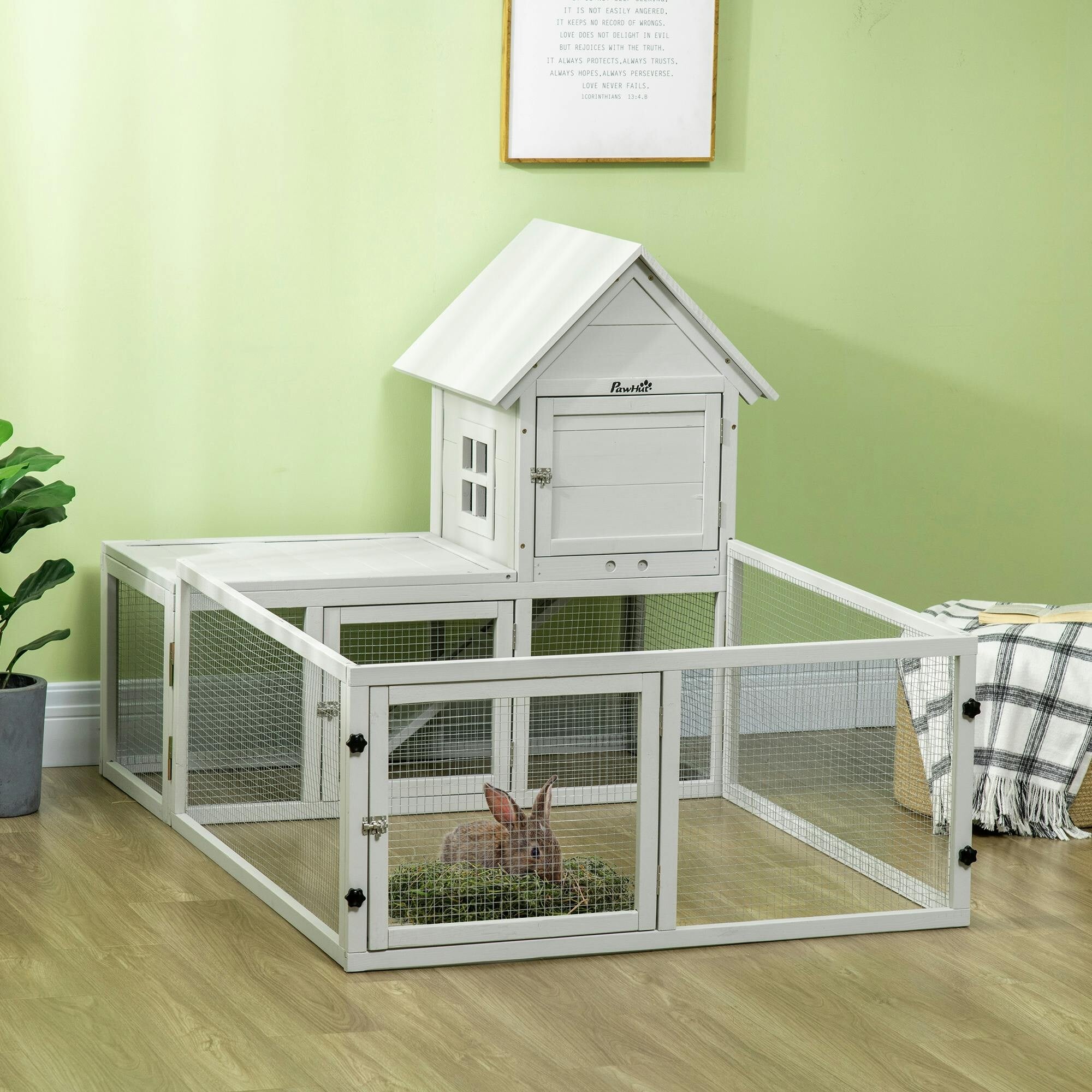 Pawhut Rabbit Hutch, Guinea Pig Cage With Run & Tray, Indoor Use, Light Grey - Image 5