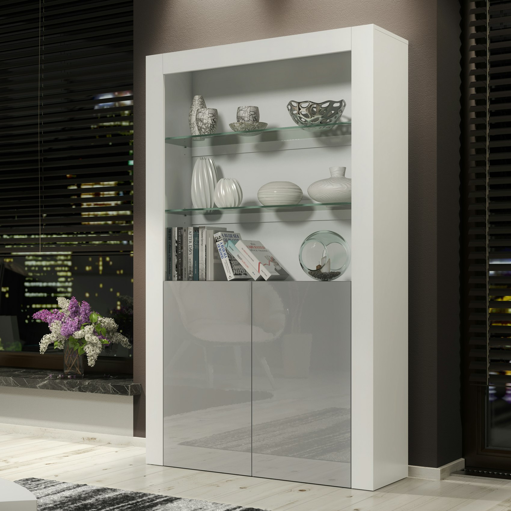 Mex Furniture White/Grey Tall Display Cabinet 170Cm Matt Body And Gloss Doors – Modern Open Shelving Unit - Matt Body & Gloss Doors - 170 - Full Assembly Required.