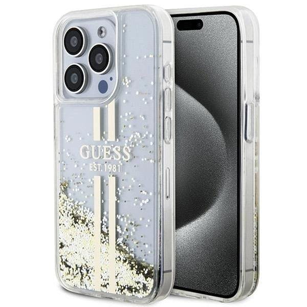 Guess Gold Liquid Glitter Stripes Hard Case For Iphone 15 Pro 6.1" Transparent - Guhcp15llfcsegt