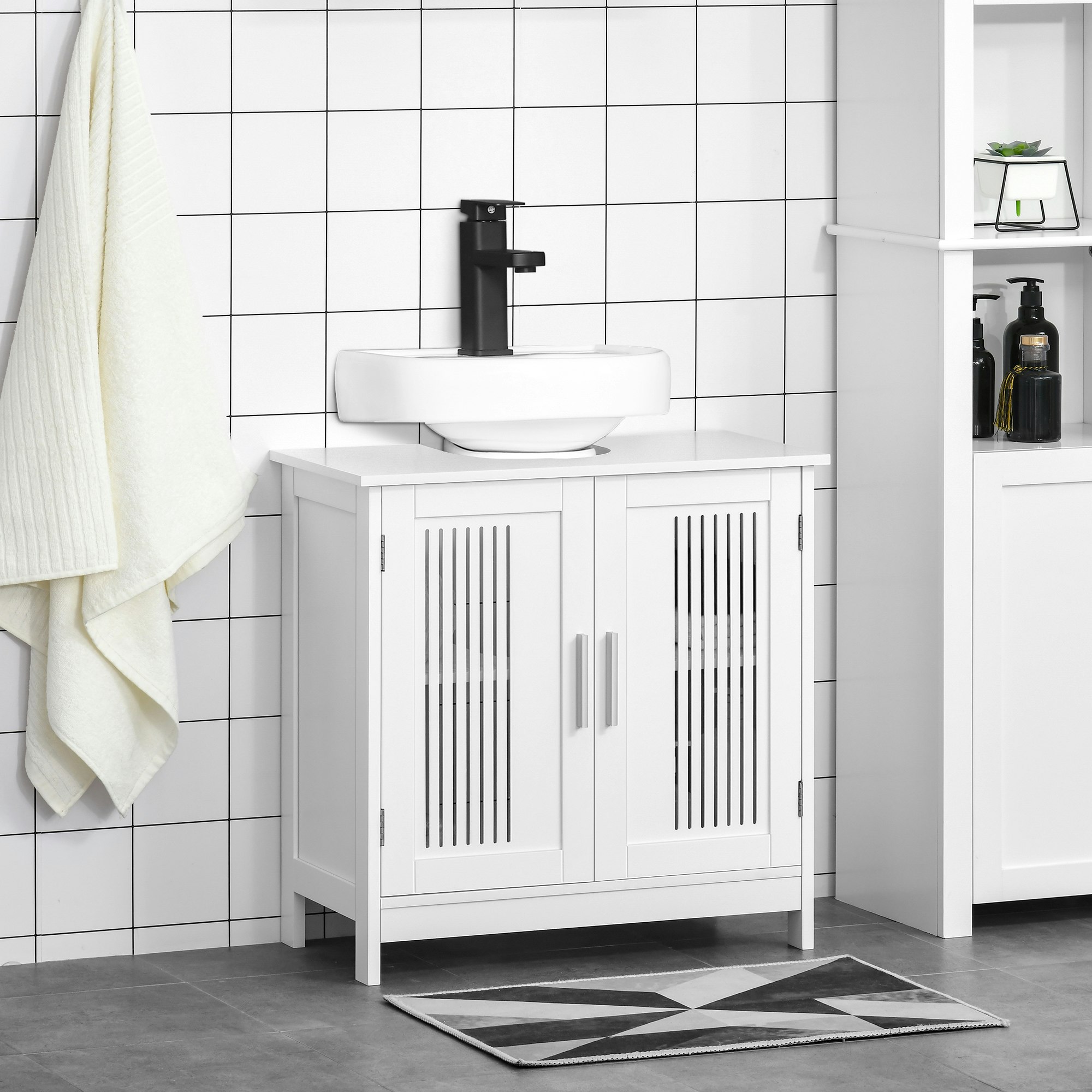 Kleankin Grey/White Bathroom Pedestal Under Sink Cabinet With Storage Shelf, 2 Doors,