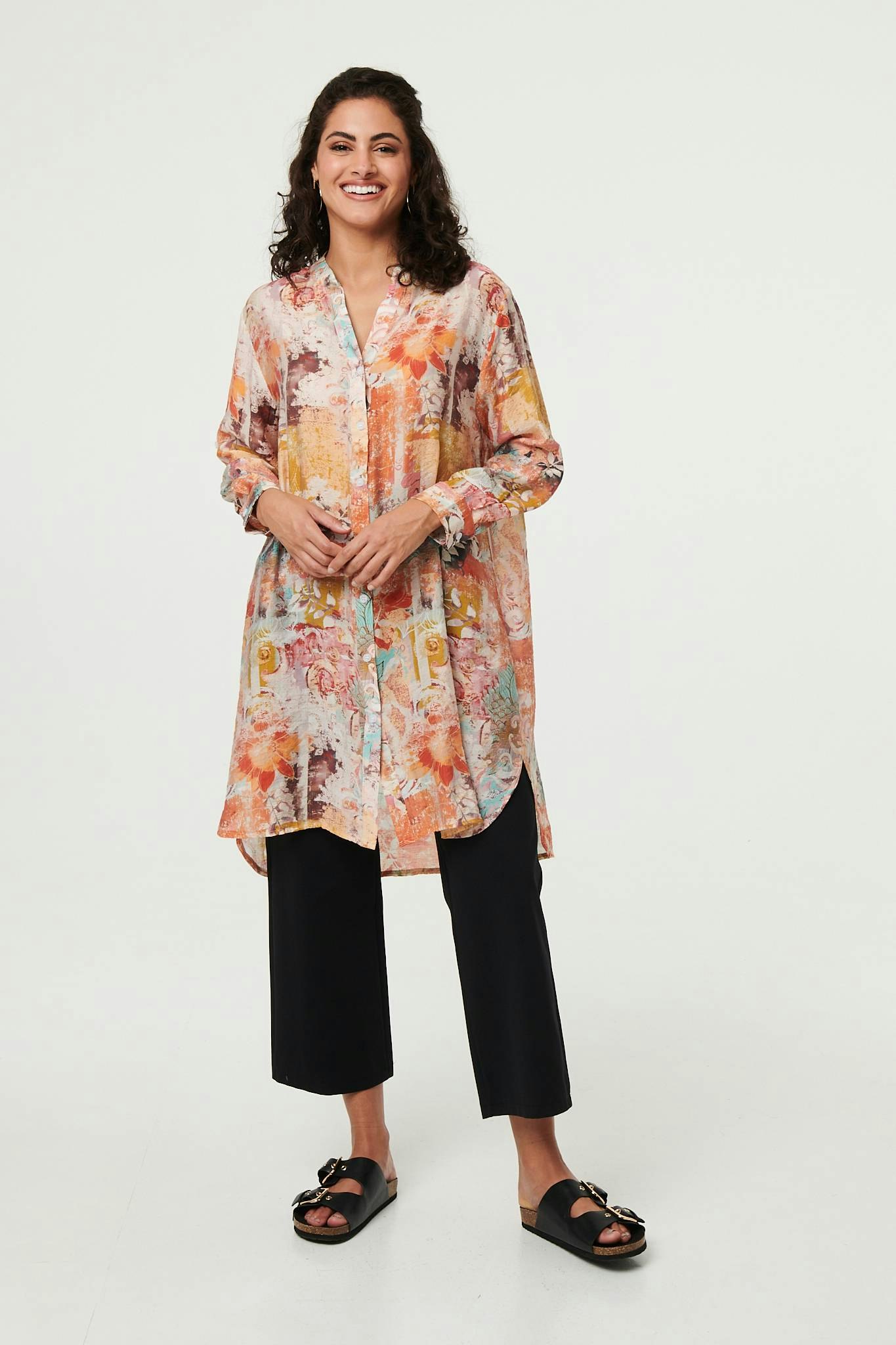 Izabel London Orange Abstract Long Sleeve Short Shirt Dress - 12