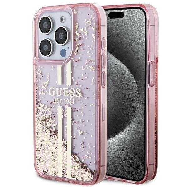 Guess Gold/Pink Liquid Glitter Stripes Hard Case For Iphone 15 Pro 6.1" - Guhcp15llfcsegp