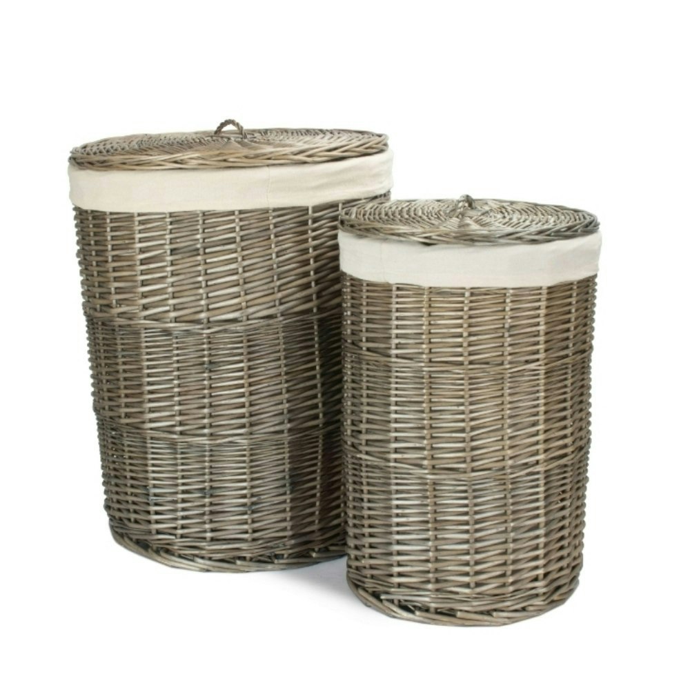Rackhams Red/White Set Of 2 Antique Wash Round Laundry Basket With Oatmeal Lining