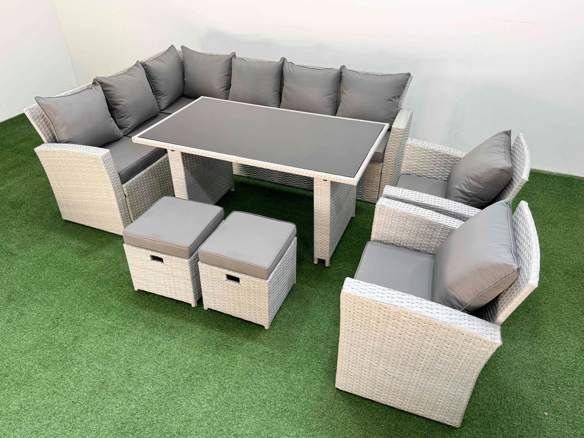 Fimous Light/Grey 10 Seater Wicker Rattan Corner Sofa Sets Outdoor Garden Furniture Sets With Rectangular Dining Table Lounge Sofa 2 Small Footstools