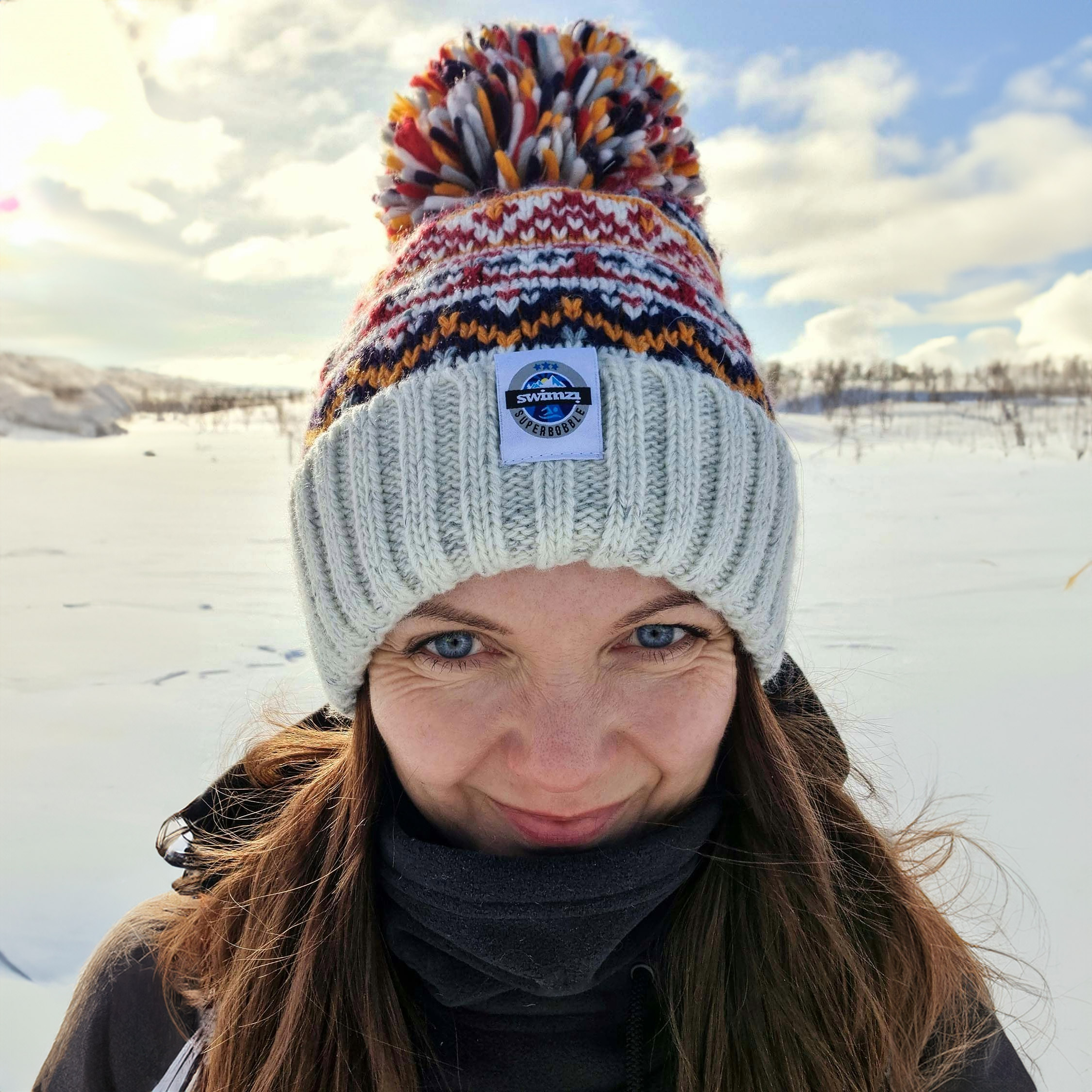 Superbobble Unisex Cream Fairisle Beanie Bobble Hat - Cherry