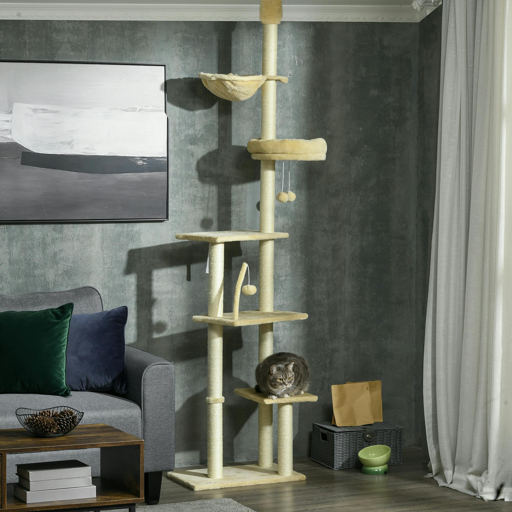 Pawhut Unisex Beige Floor To Ceiling Cat Tree For Indoor Cats Scratching Post 230-250Cm In - Image 5