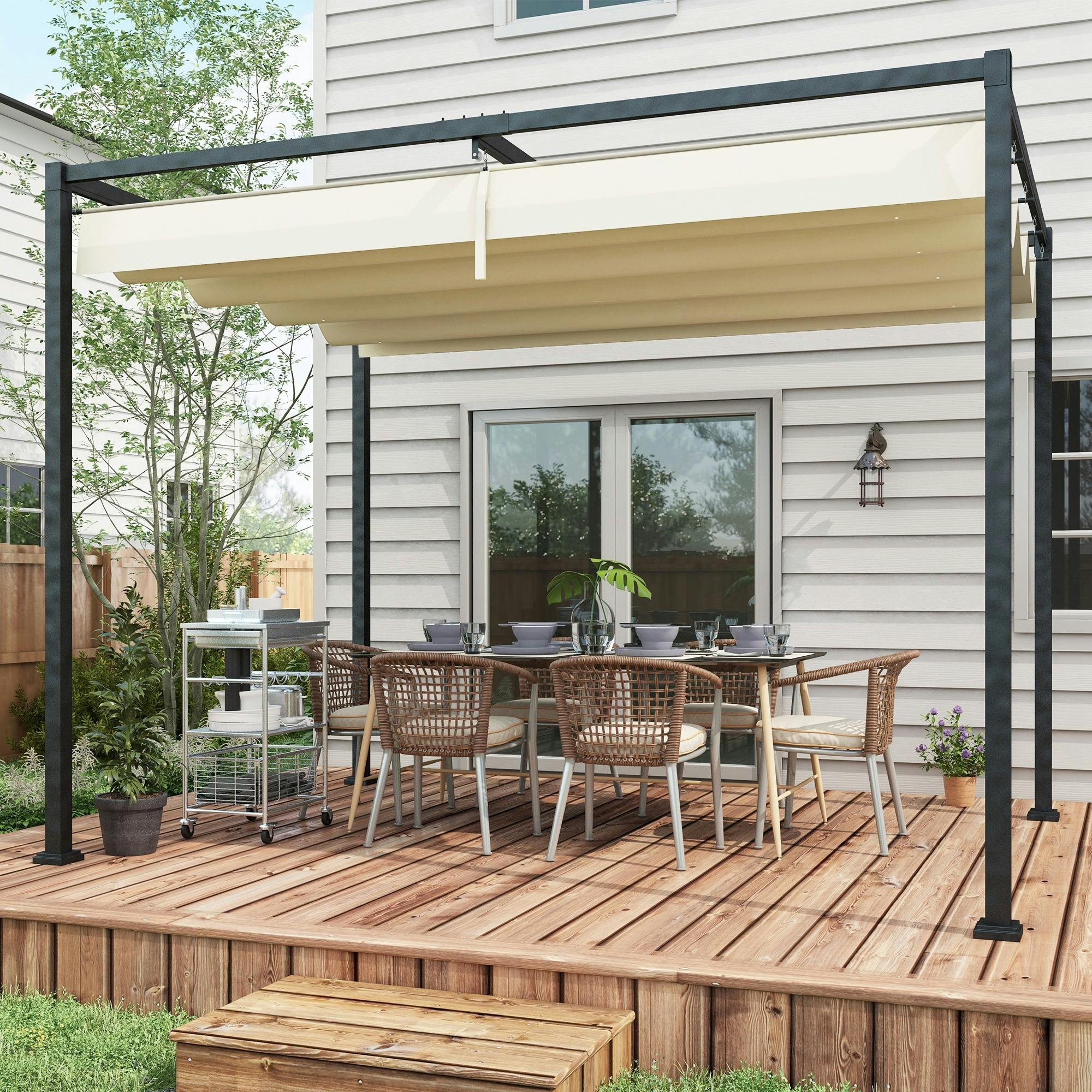 Rackhams Cream 3X2m Metal Pergola Gazebo Patio Sunshelter Retractable Canopy