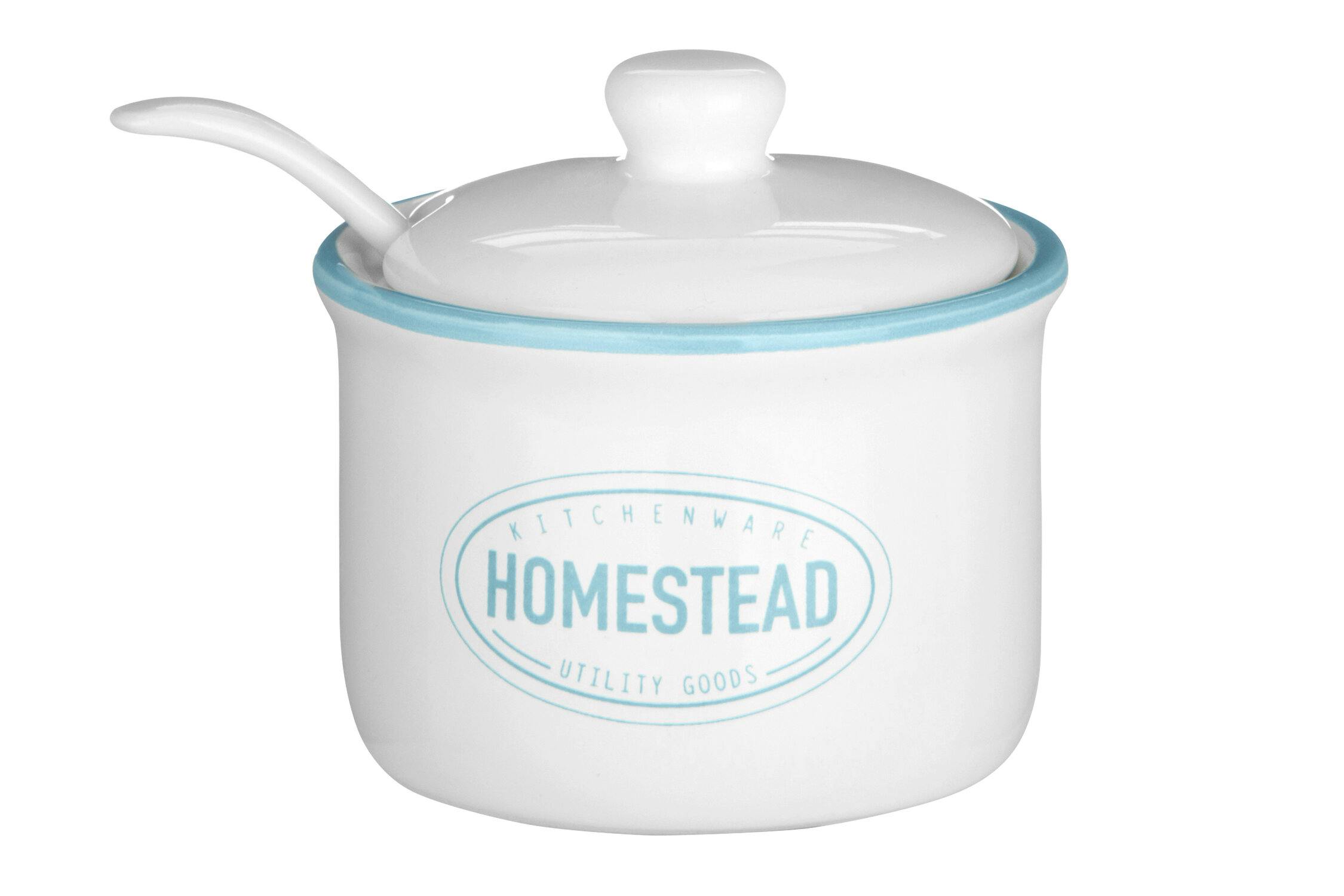 Rackhams White/Blue Homestead Sugar Pot With Lid And Spoon