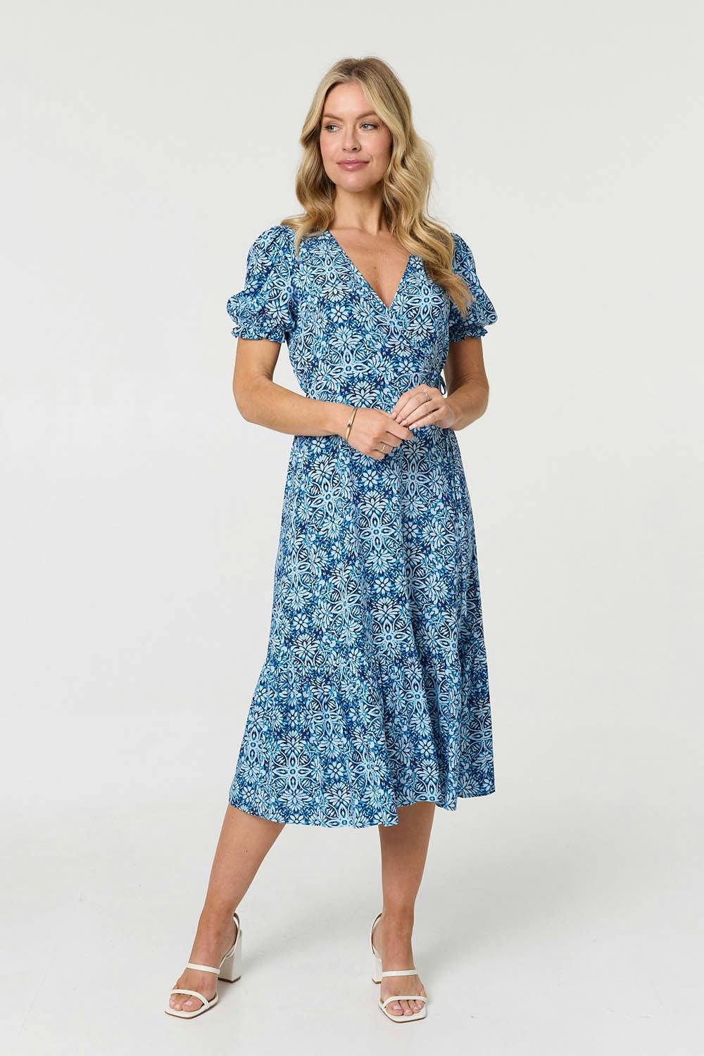 Izabel London Blue Printed Short Puff Sleeve Tie Midi Dress - 18