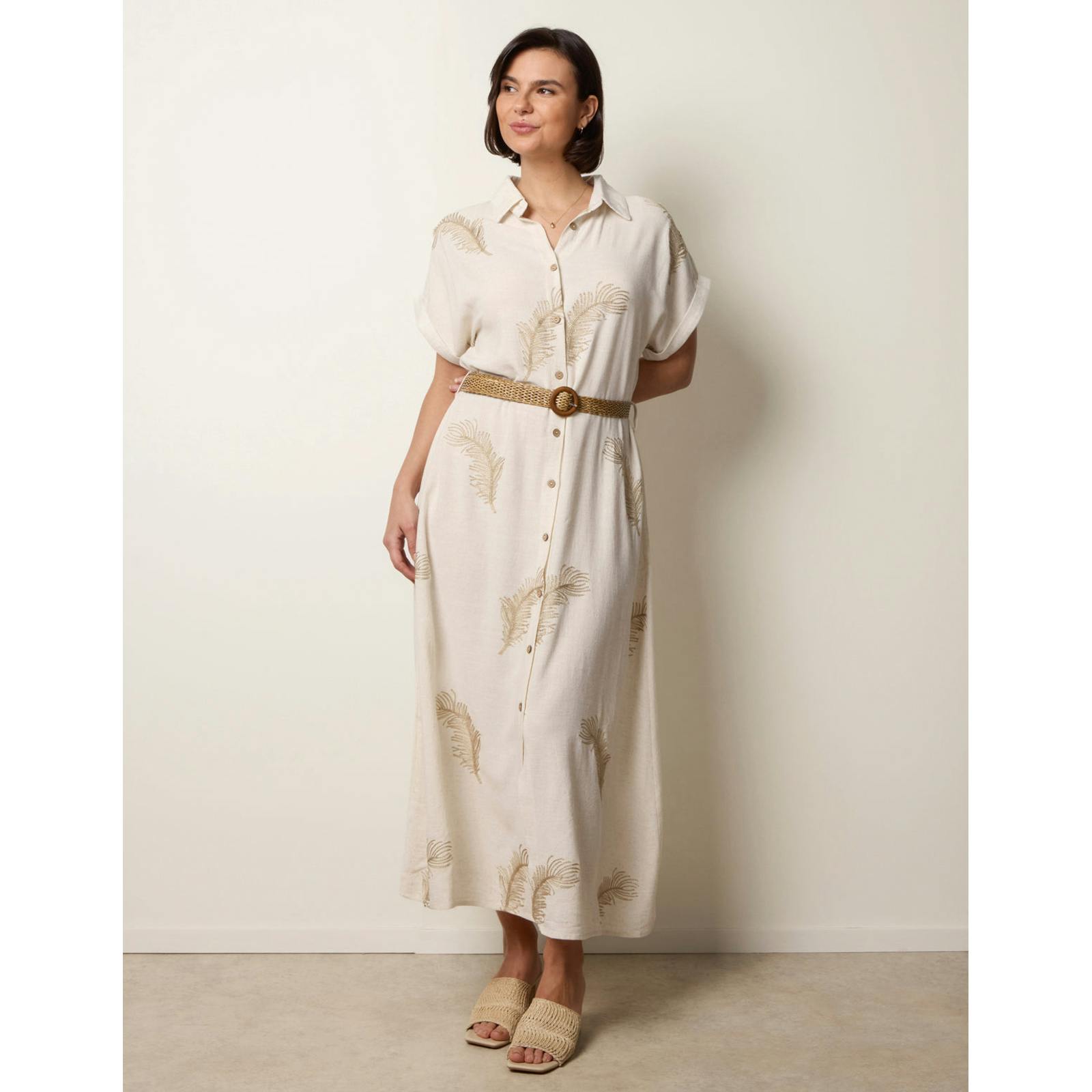 Blue Vanilla Blue/Cream Vanilla Linen Belted Dress With Feather Embroidery - L