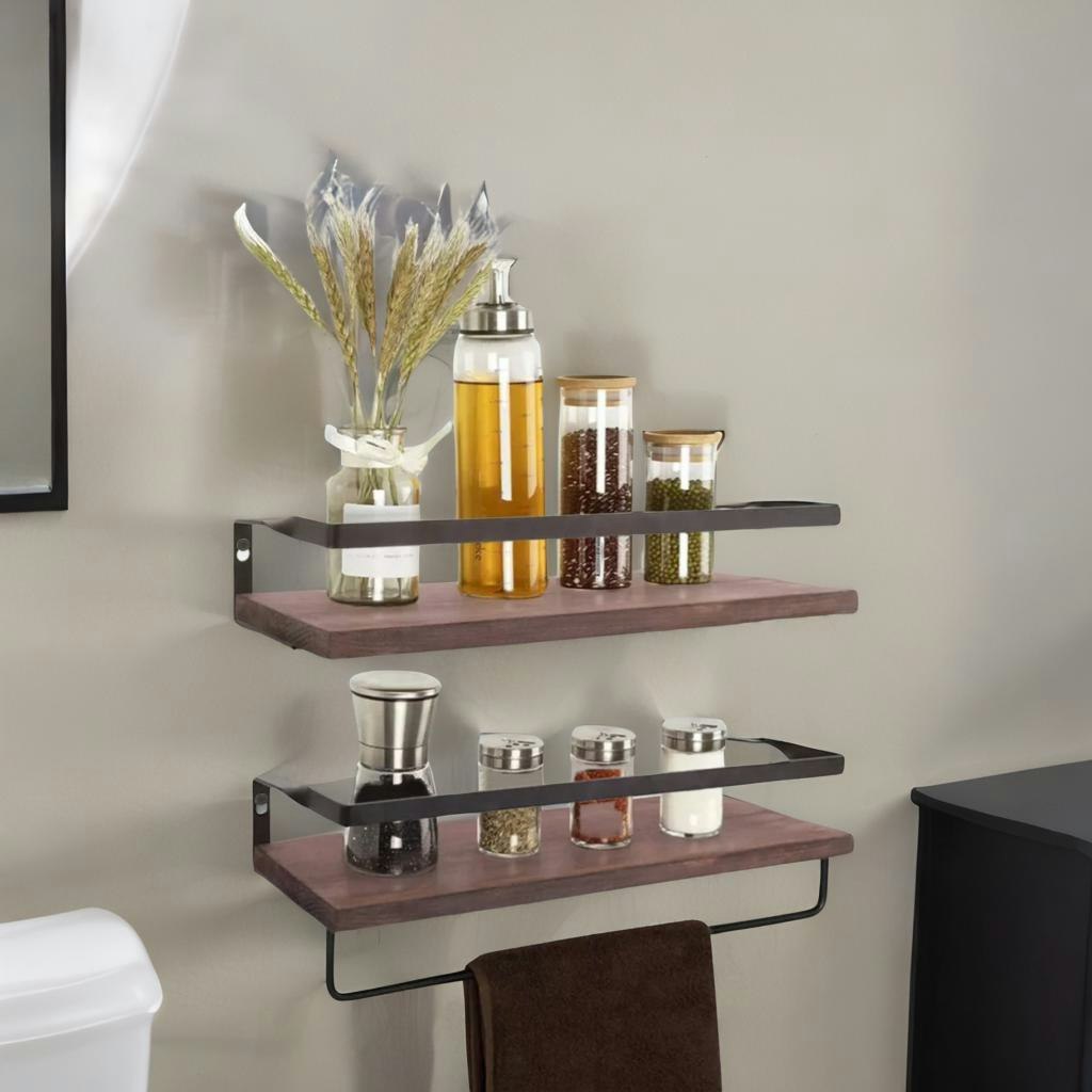 Rackhams Brown 2Pc Wooden Floating Shelves With Hanging Rail