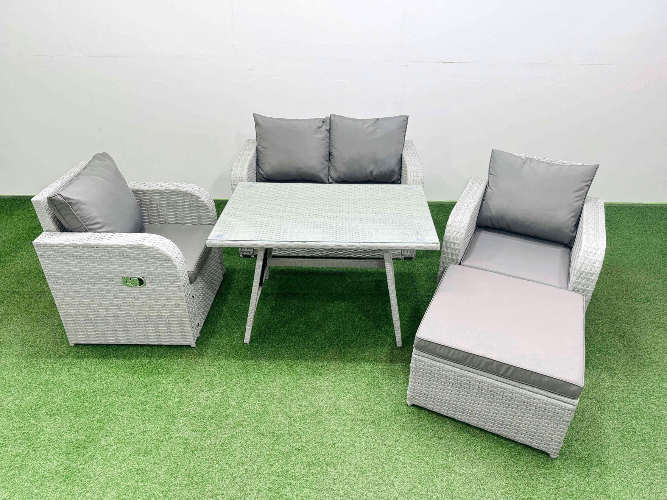 Rackhams Light/Grey Pe Wicker Rattan Garden Furniture Set Sofa Set Reclining Chair Love Sofa Rectangular Dining Table Big Stool