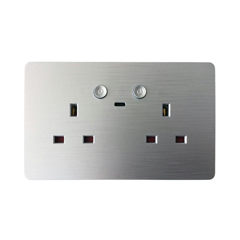 Ener-J Silver Remote Wall Socket – Smart Usb Plug With Type-C, Wifi Double 13A Outlet, App & Voice Control, Brushed Uk Design