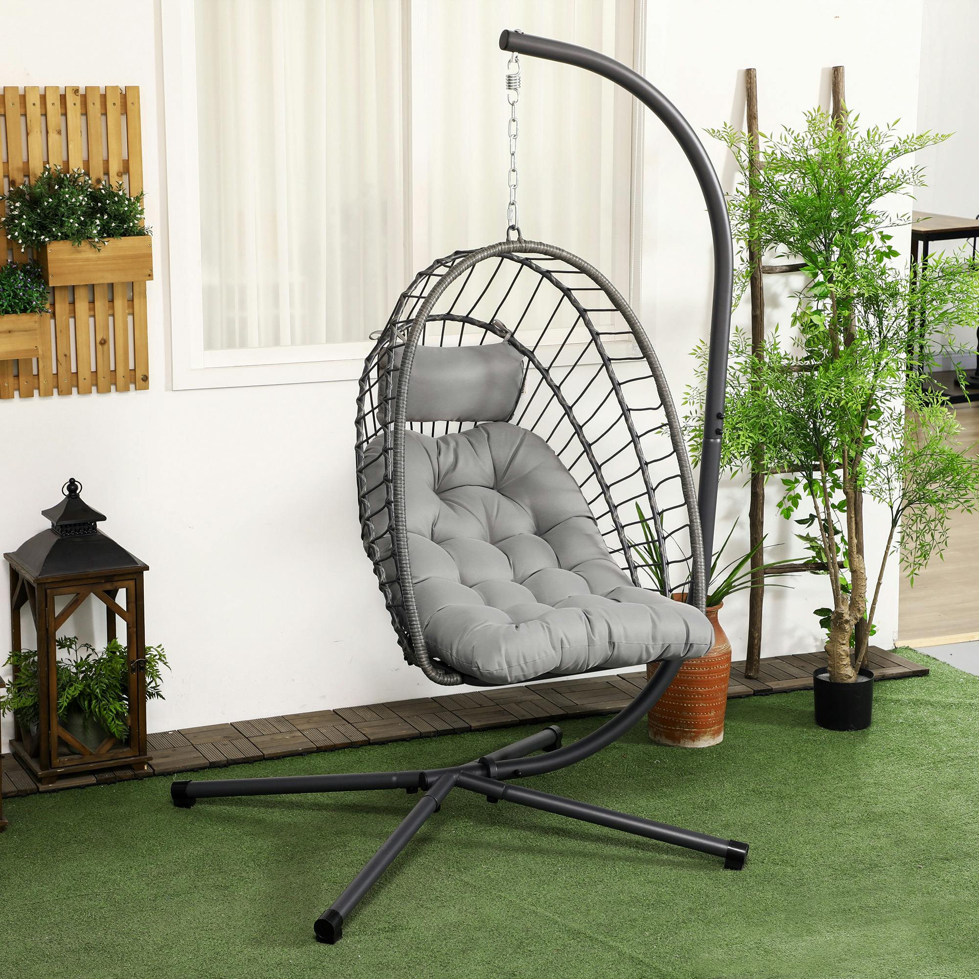 Rackhams Black/Grey Pe Hanging Swing Chair W/ Thick Cushion, Patio Hanging Chair,