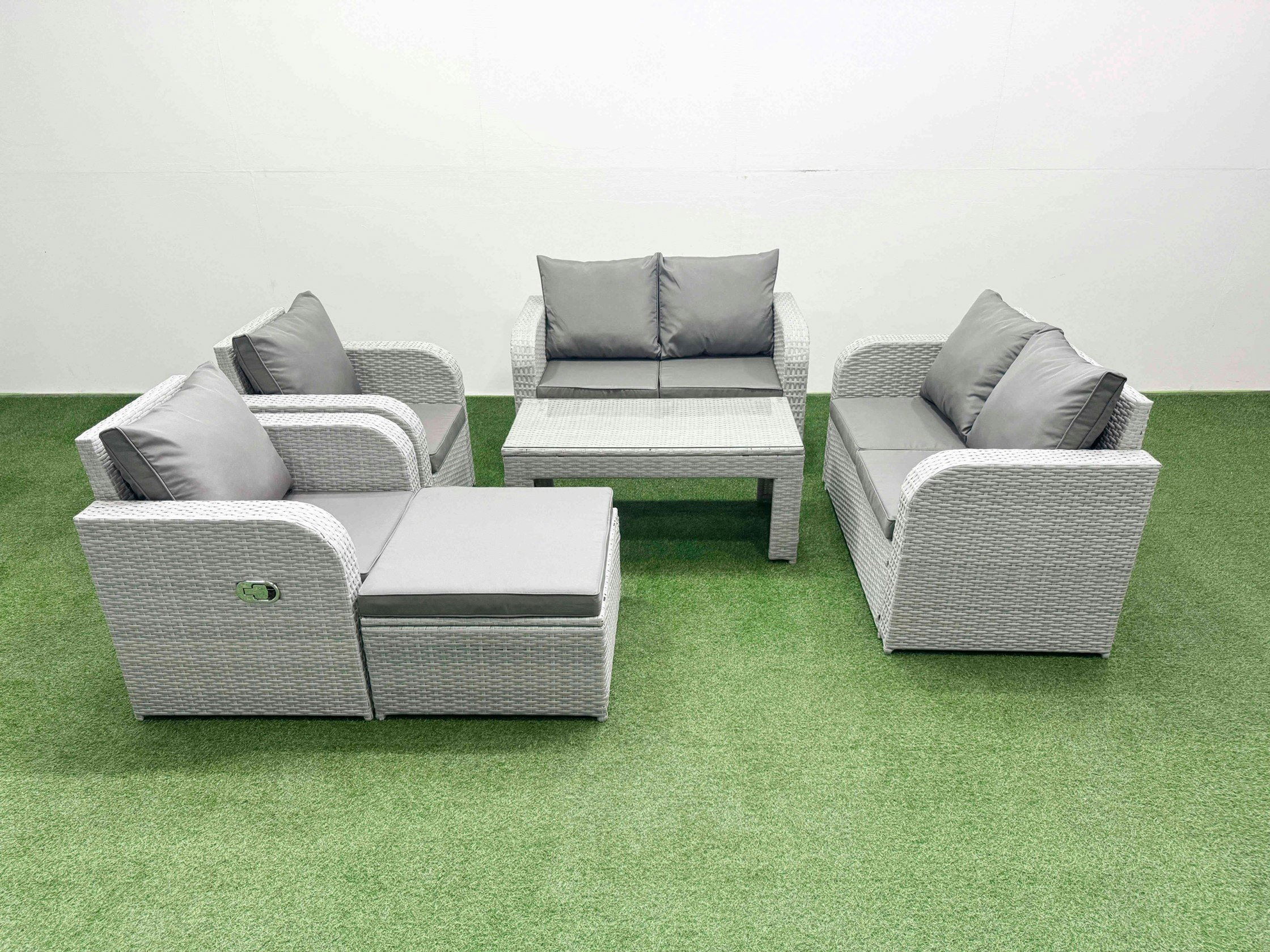 Fimous Light/Grey 7 Seater Outdoor Reclining Chair Love Sofa Set Rattan Garden Furniture Set With Oblong Coffee Table Footstool