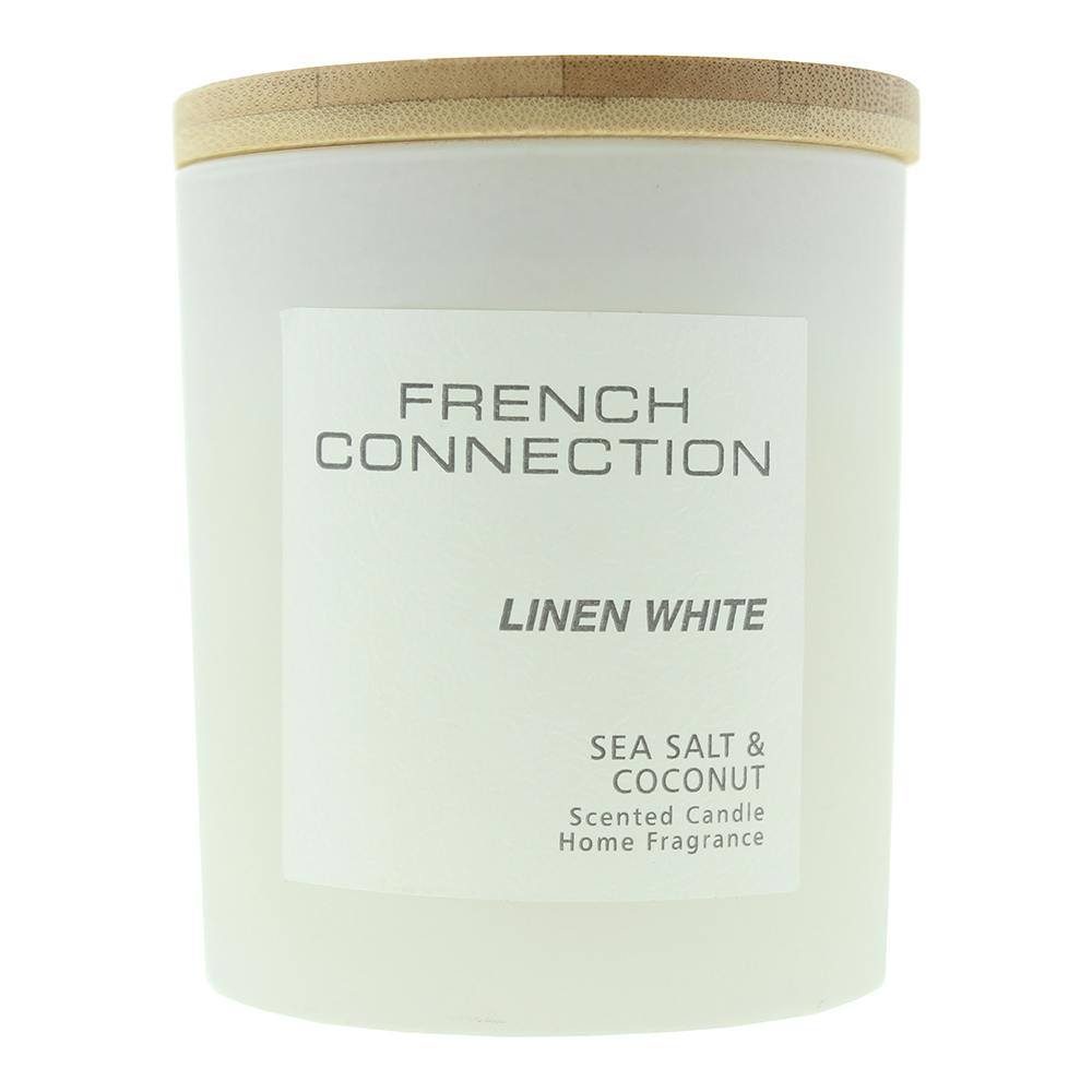 French Connection Pastel Range Scented Container Candle | Shea Butter Wax | Frosted Glass Jar Bamboo Lid | Round Shape | (Medium, Linen White) - Image 4