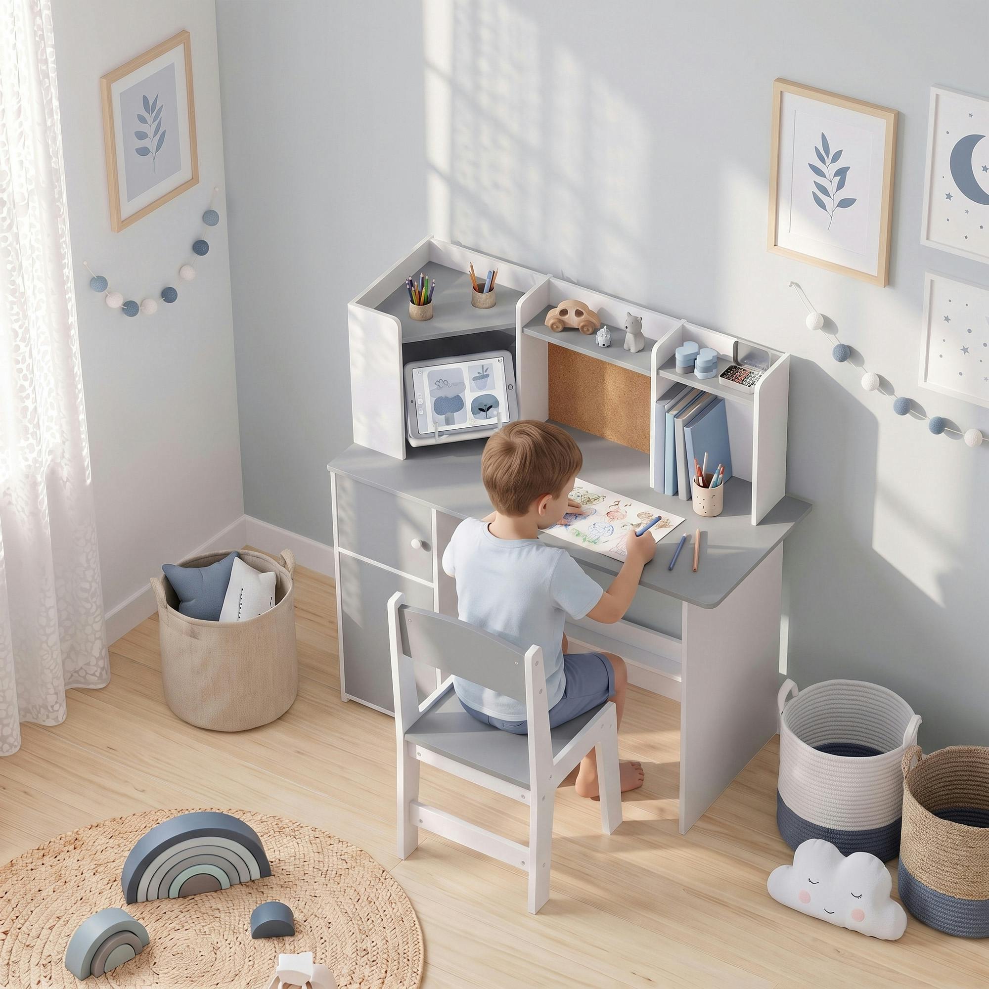 Rackhams Grey Kids Desk And Chair Set W/ Cabinets For Ages 5-12 Years,