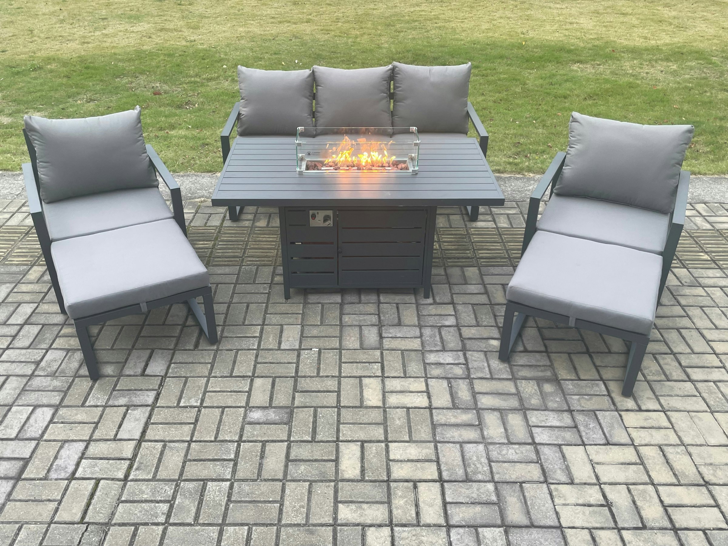 Rackhams Dark/Grey Aluminium Patio Outdoor Garden Furniture Lounge Sofa Set Gas Fire Pit Dining Table With 2 Big Footstools