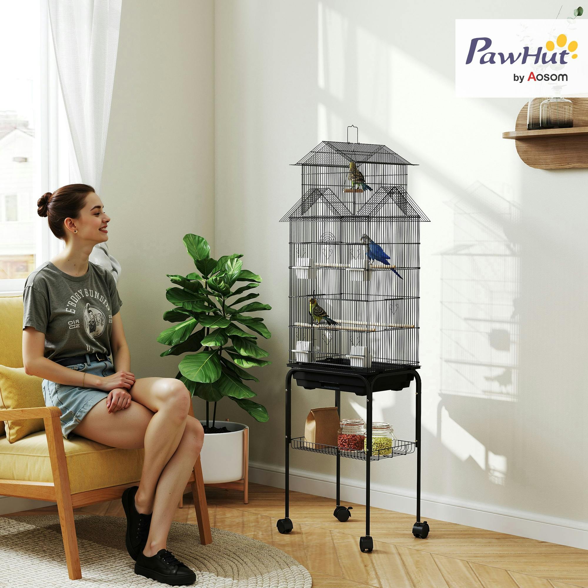 PawHut Metal Bird Cage - Black - Finch, Canary, Budgie - Large Front Door, Removable Tray, Wheels - Image 3
