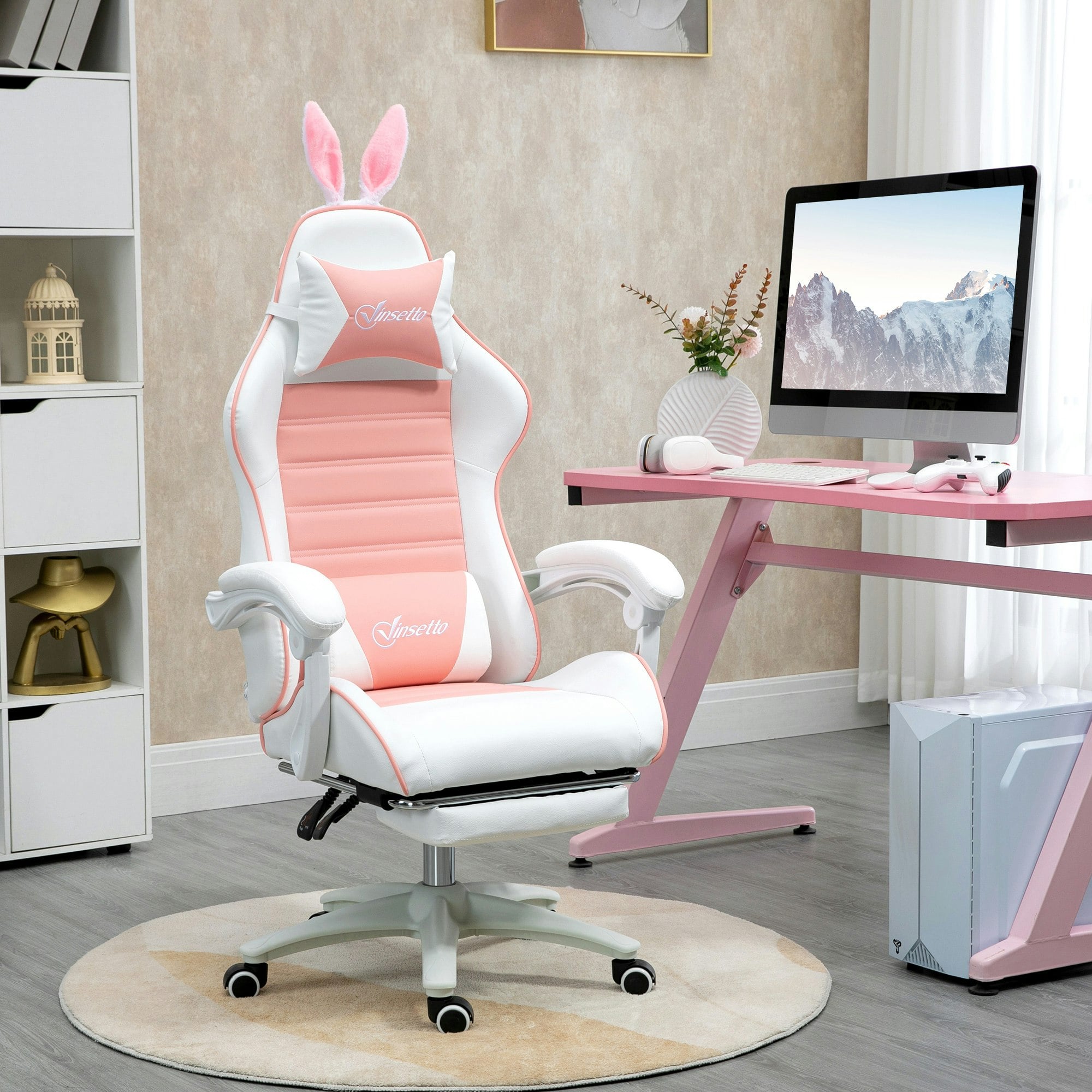 Rackhams Yellow/Pink Racing Style Gaming Chair With Footrest Removable Rabbit Ears,