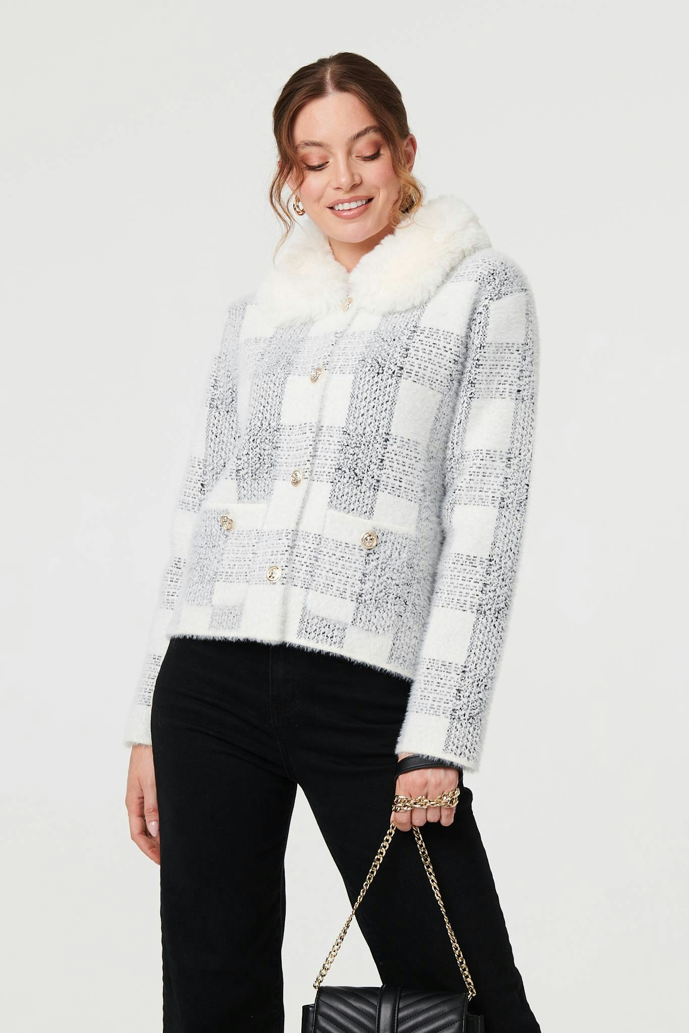Izabel London White Checked Faux Fur Collar Boxy Jacket - S/M