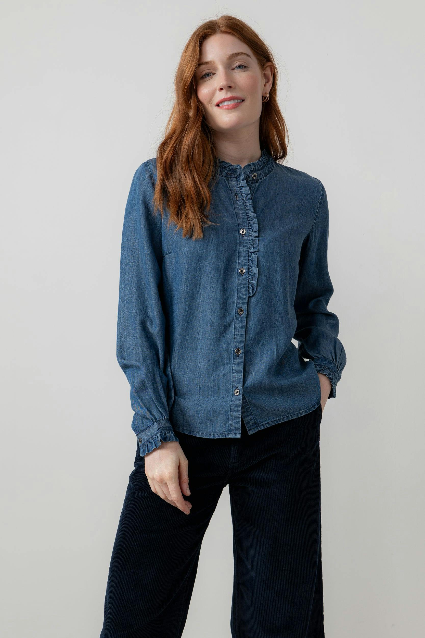 Lily & Me Blue Rachel Tencel™ Denim Frill Blouse - 08