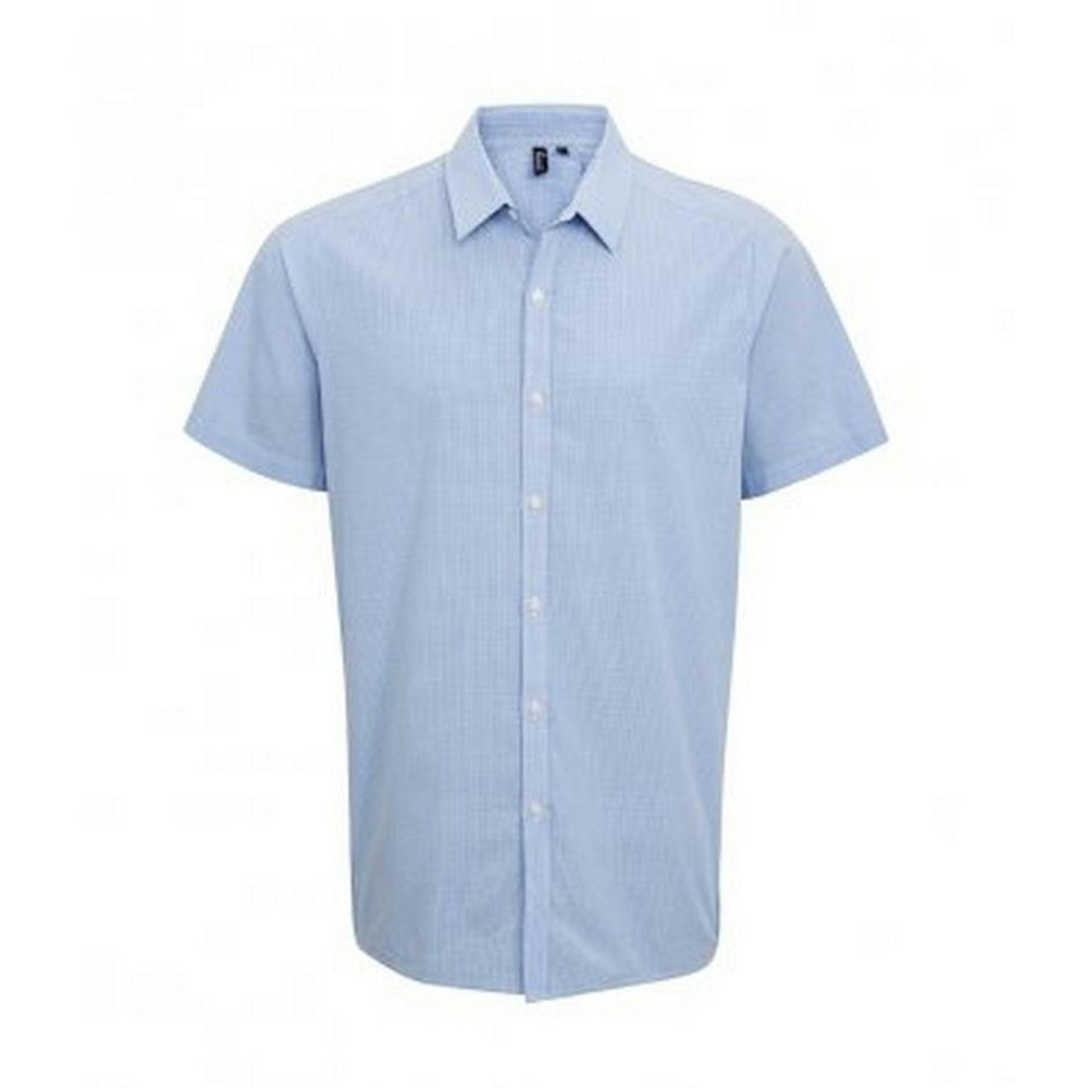 Premier (M, Light Blue/White) Mens Gingham Short Sleeve Shirt - Image 3