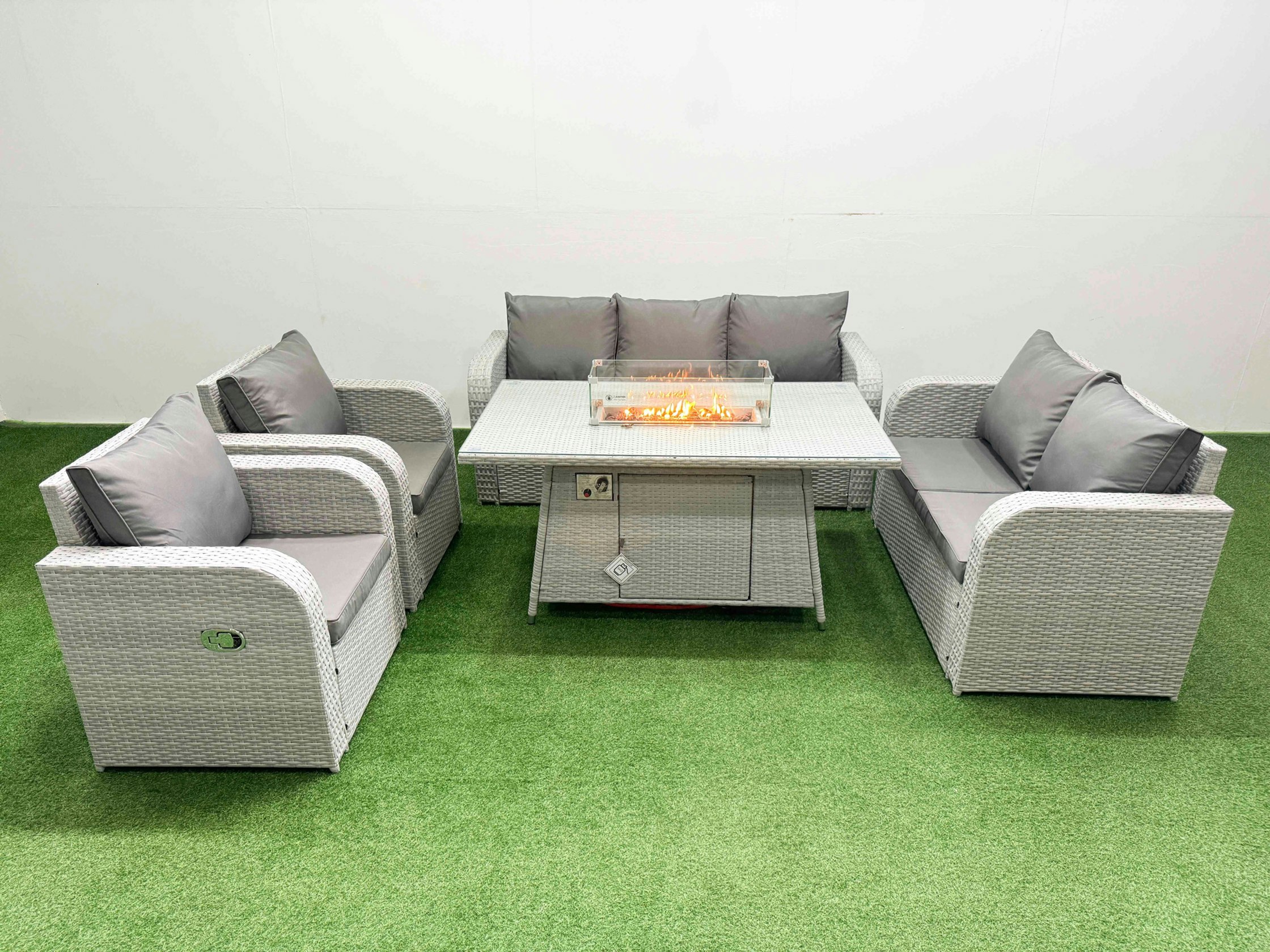 Fimous Light/Grey Pe Rattan Garden Furniture Set Reclining Chair Sofa Double Love Seat 2 Seater Sofa Lounge Set Fire Pit Dining Table