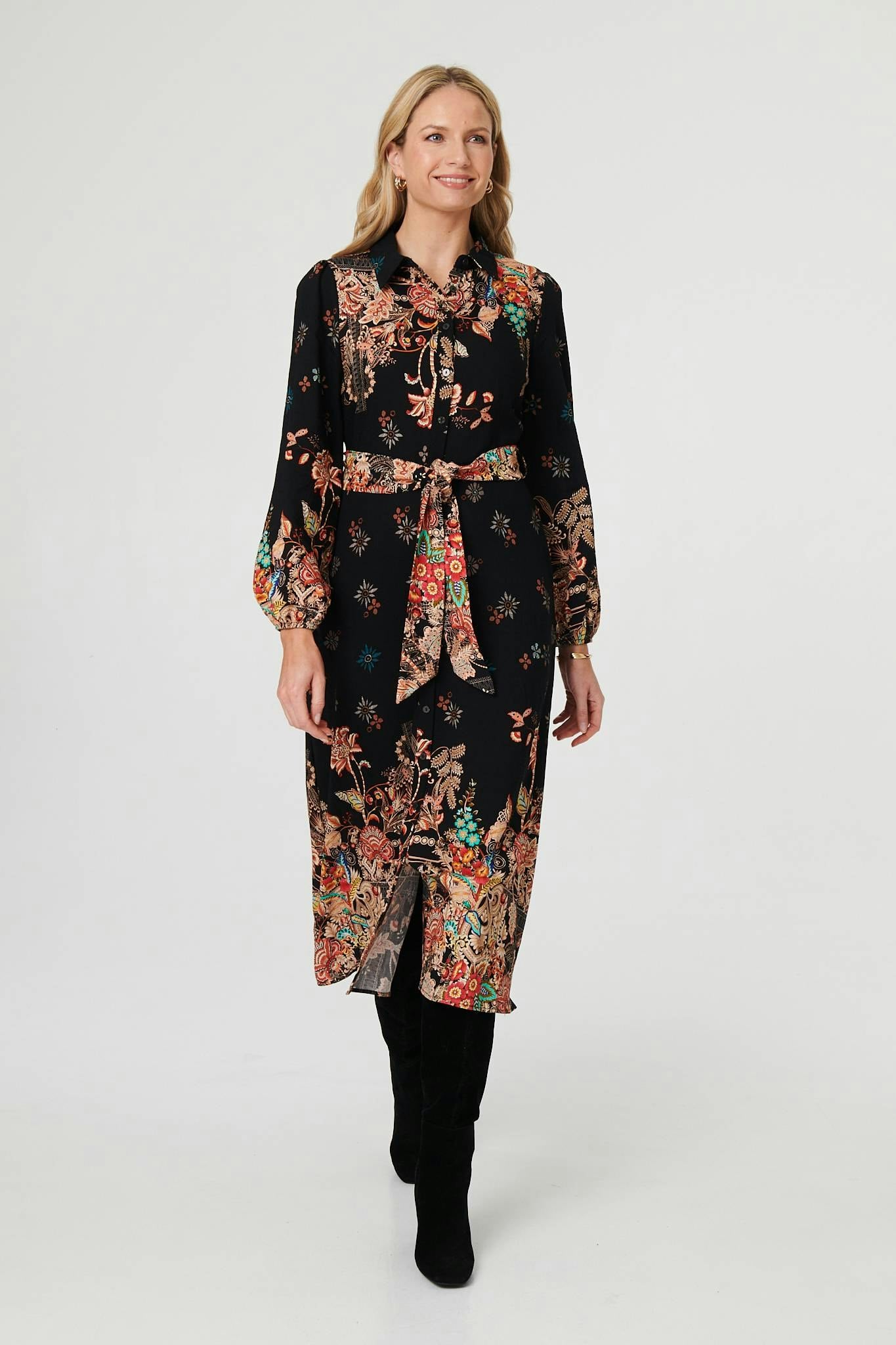Izabel London Black Floral Tie Waist Maxi Shirt Dress - 10