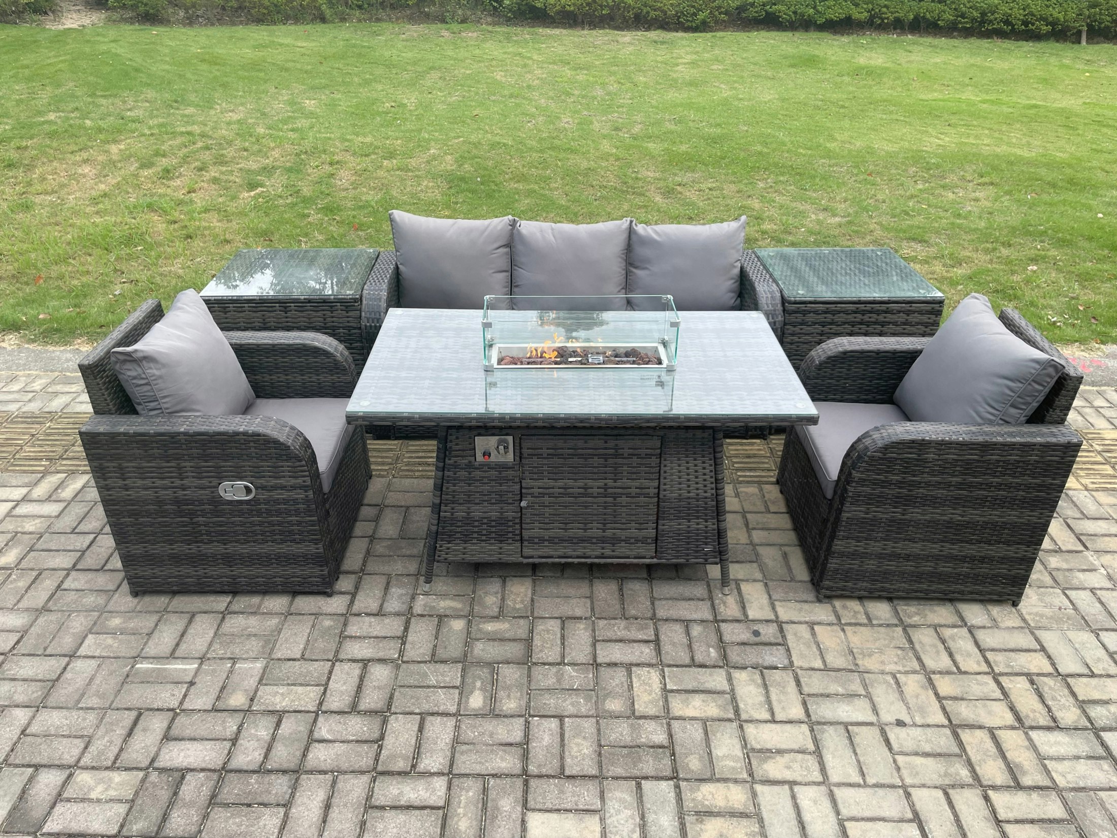Fimous Dark/Grey Outdoor Rattan Garden Furniture Set Propane Gas Fire Pit Table Burner With Lounge Sofa 2 Side Tables