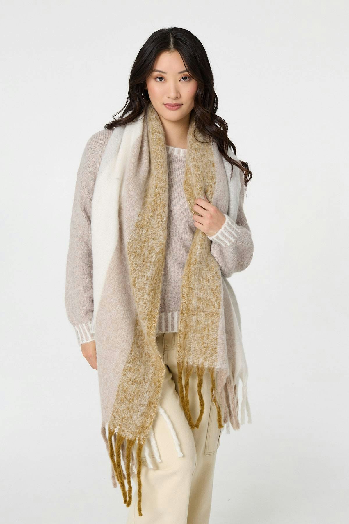 Izabel London Beige Striped Print Fringed Oversized Scarf - One