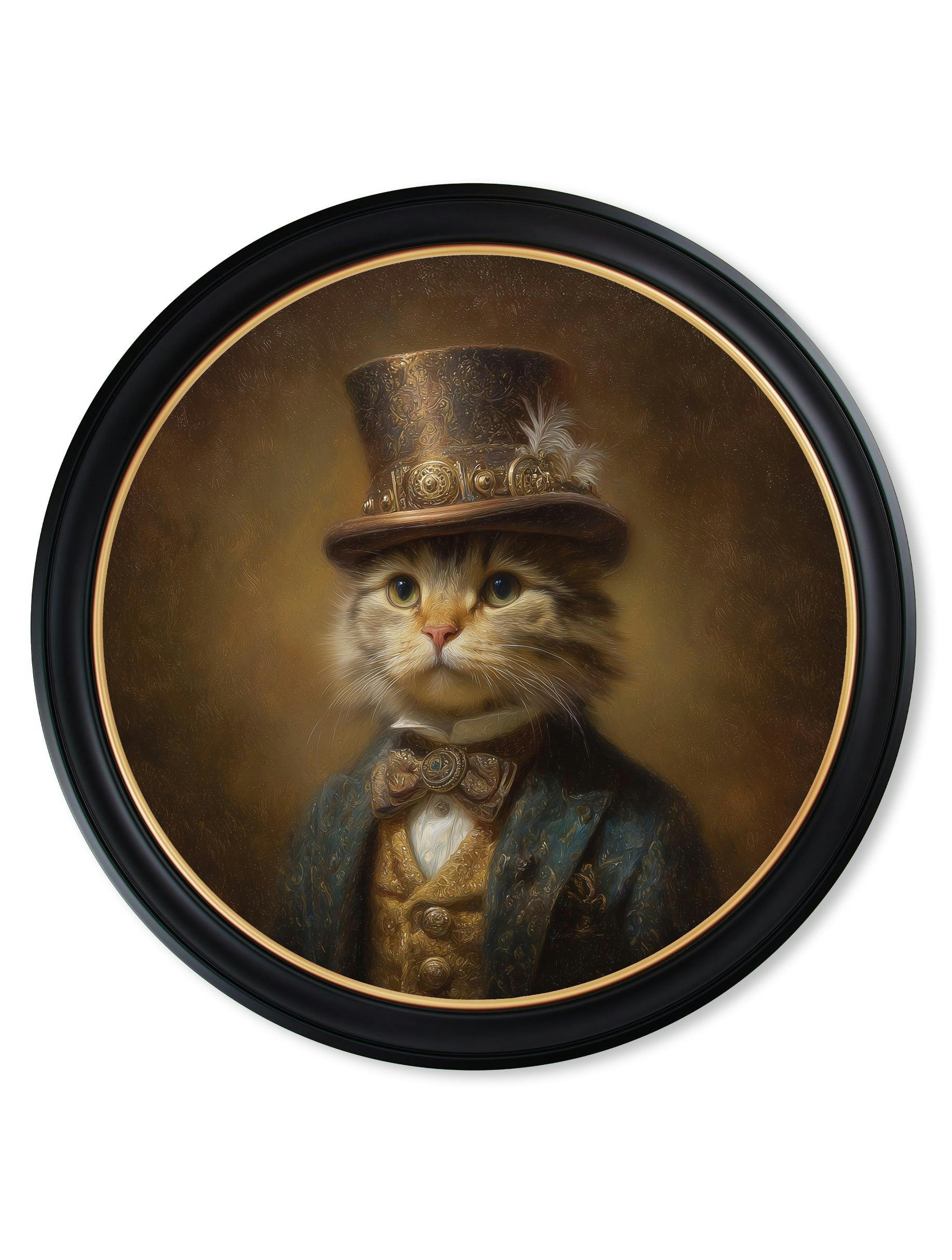 Rackhams Brown/Black/Gold Lord Whiskerby - Gentleman Tabby Cat Oxford Round Frame - 96 X 96Cm
