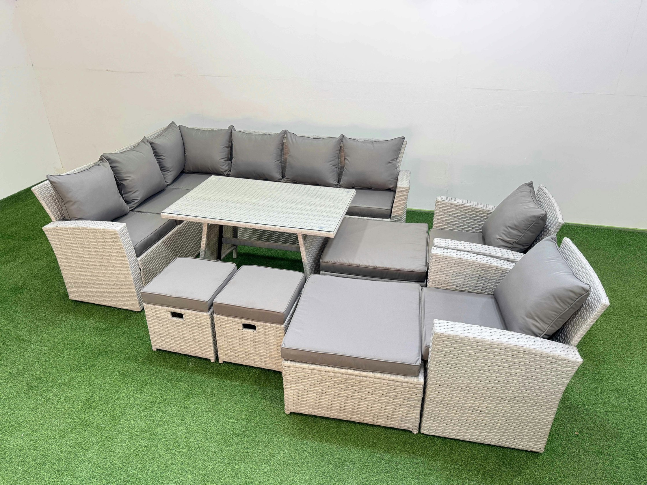 Rackhams Light/Grey Garden Outdoor Rattan Furniture Set Rattan Corner Sofa Oblong Dining Table With 2 Armchairs 4 Footstools Mixed 12 Seater