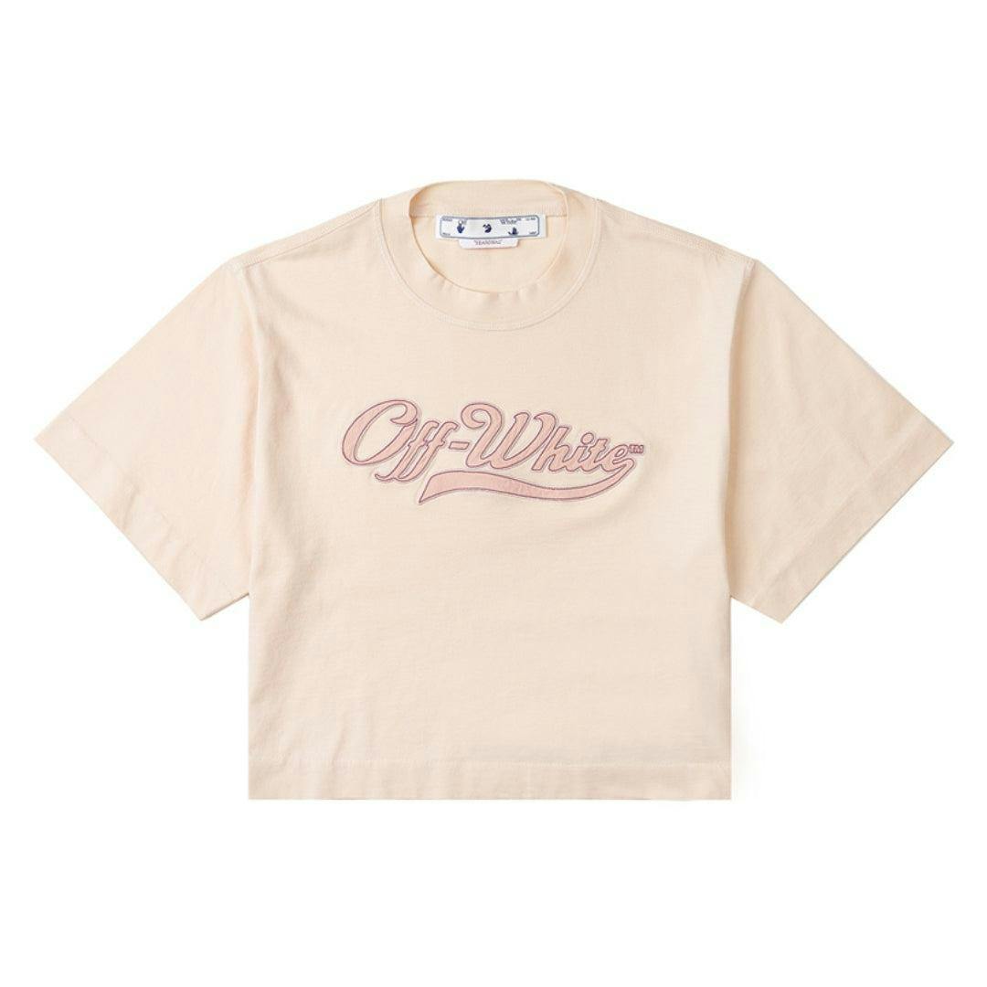 Off-White Women's White/Pink Off- Embroidered Logo Crop T-Shirt - M - 100% Cotton