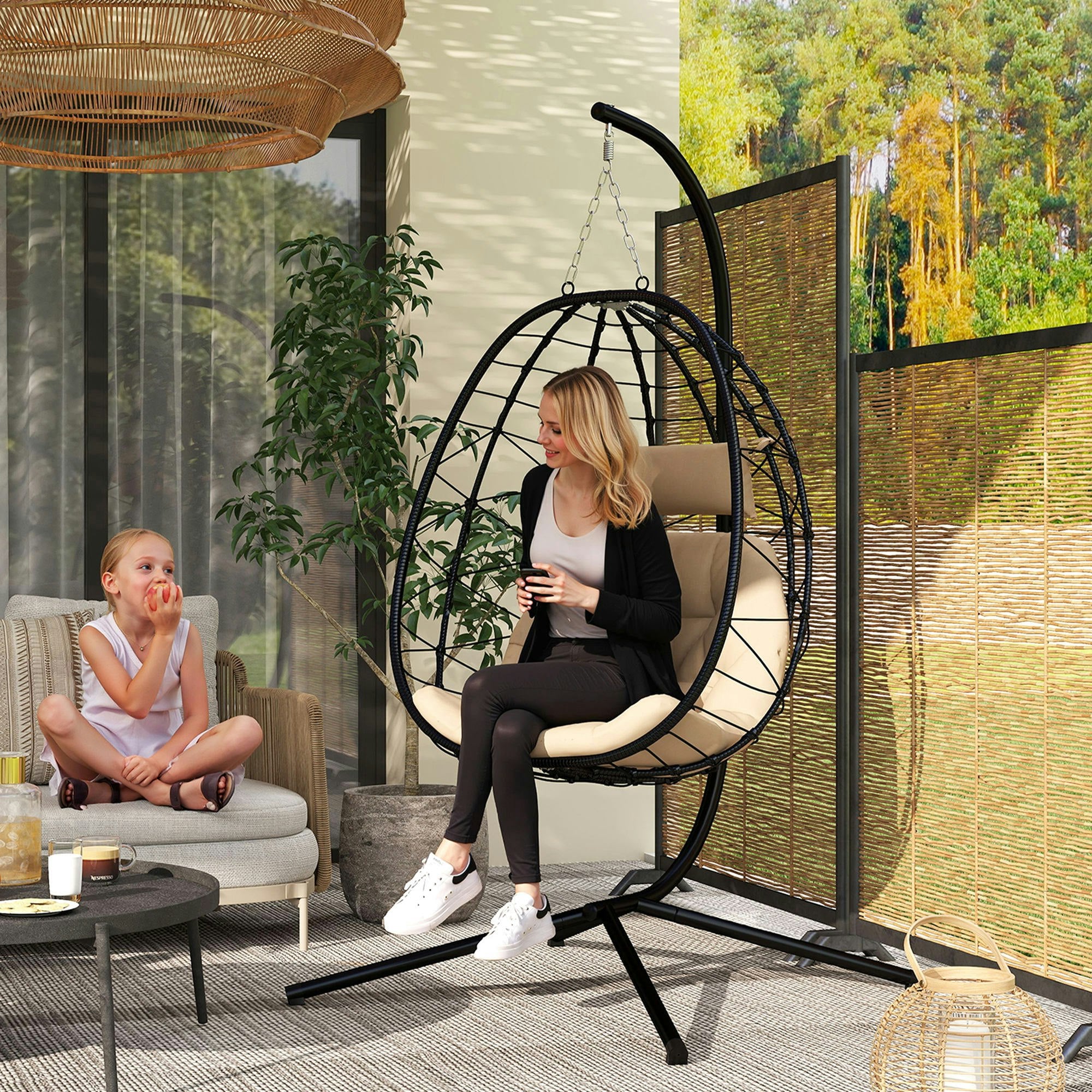 Rackhams Grey Garden Egg Chair Outdoor Hanging Swing Chair, Folding Basket, - Khaki