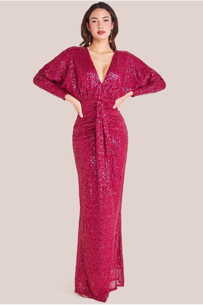Goddiva Burgundy Plunge V-Neck Sequin Maxi - By - 8