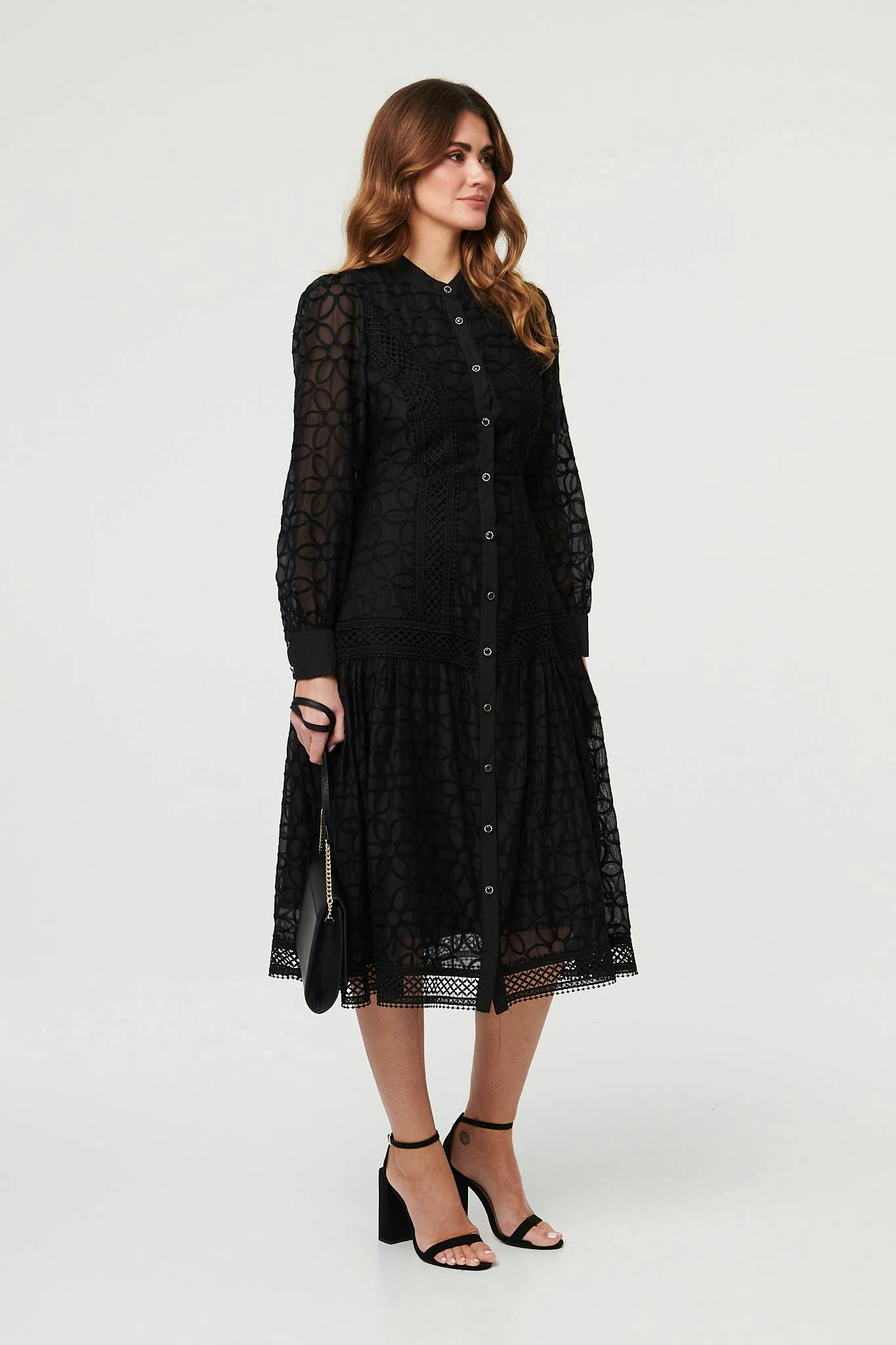 Izabel London Black Embroidered Lace Long Sleeve Midi Dress - 12