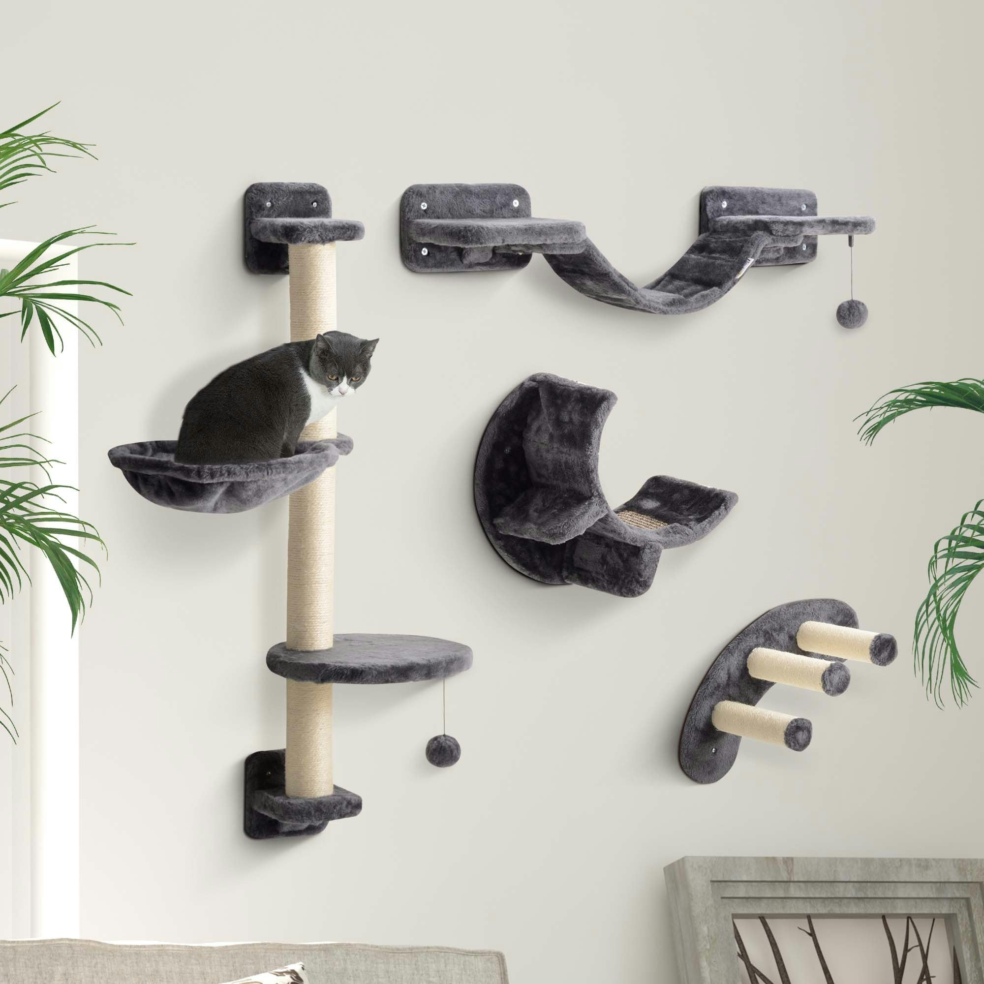 Pawhut Dark/Grey 4-Piece Cat Wall Furniture W/ Hammock, Ladder, Platforms