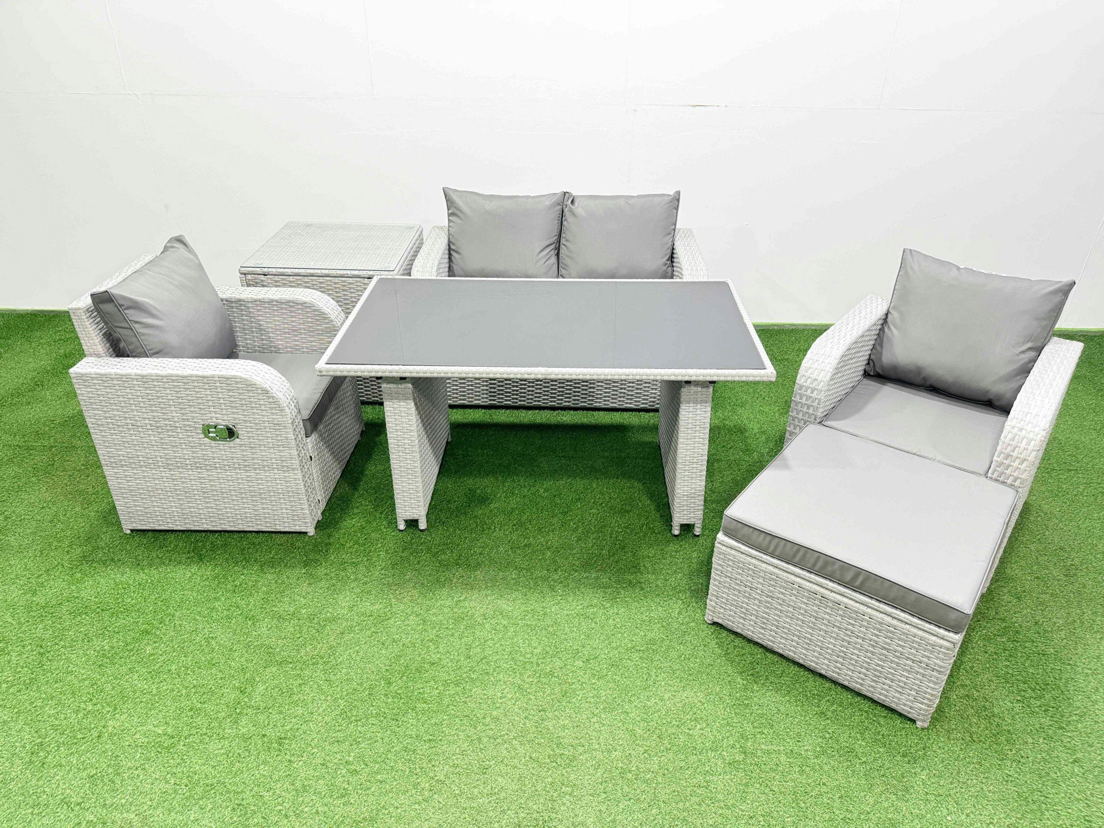 Rackhams Dark/Grey Outdoor Rattan Garden Furniture Dining Set 5 Seater Patio Rectangular Table Love Sofa Reclining Chair Set With Side Table Big Stool