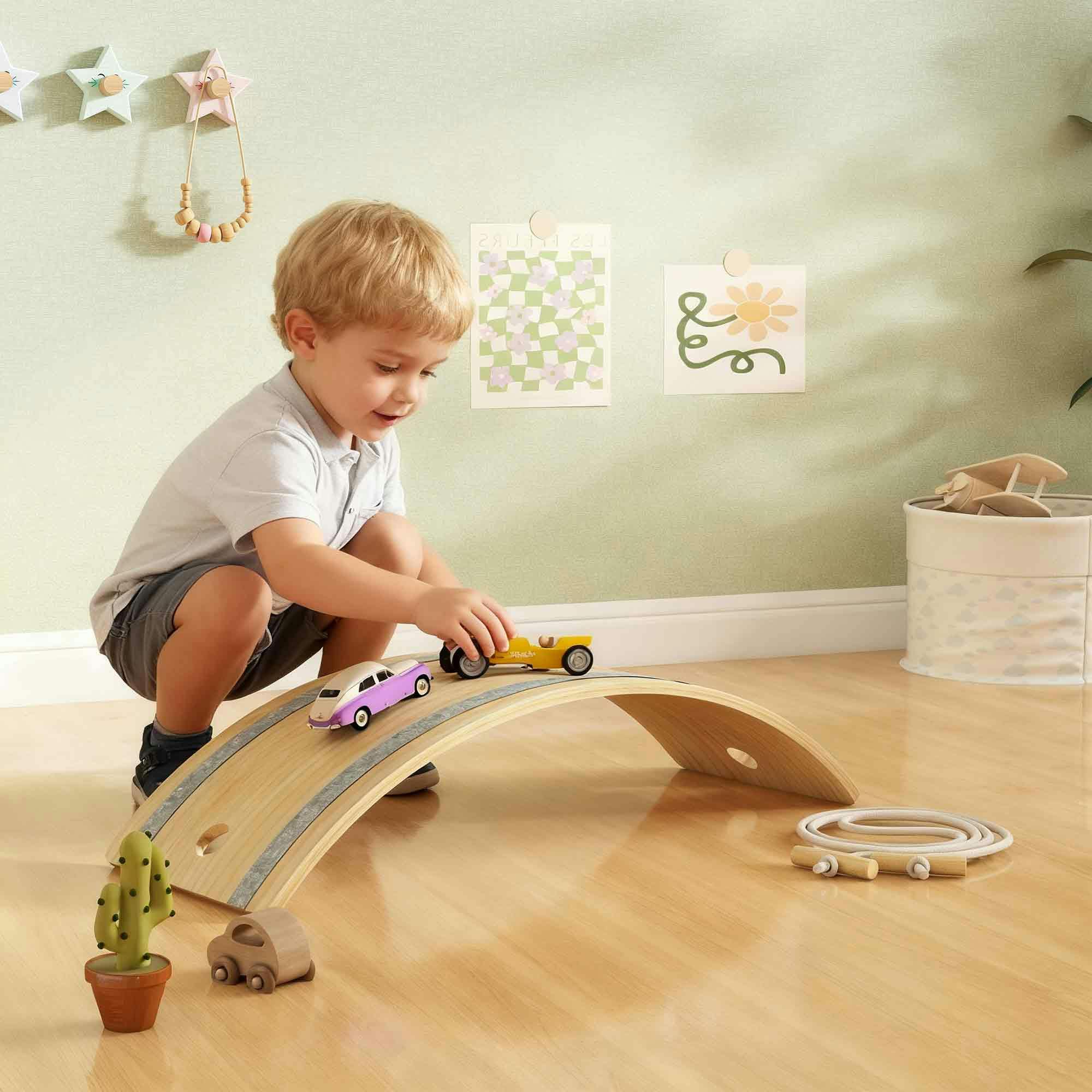 Aiyaplay Kids Wooden Balance Board With Rope And Felt For Sensory Play - 81W X 29D X 19.5H Cm - Natural Wood Finish