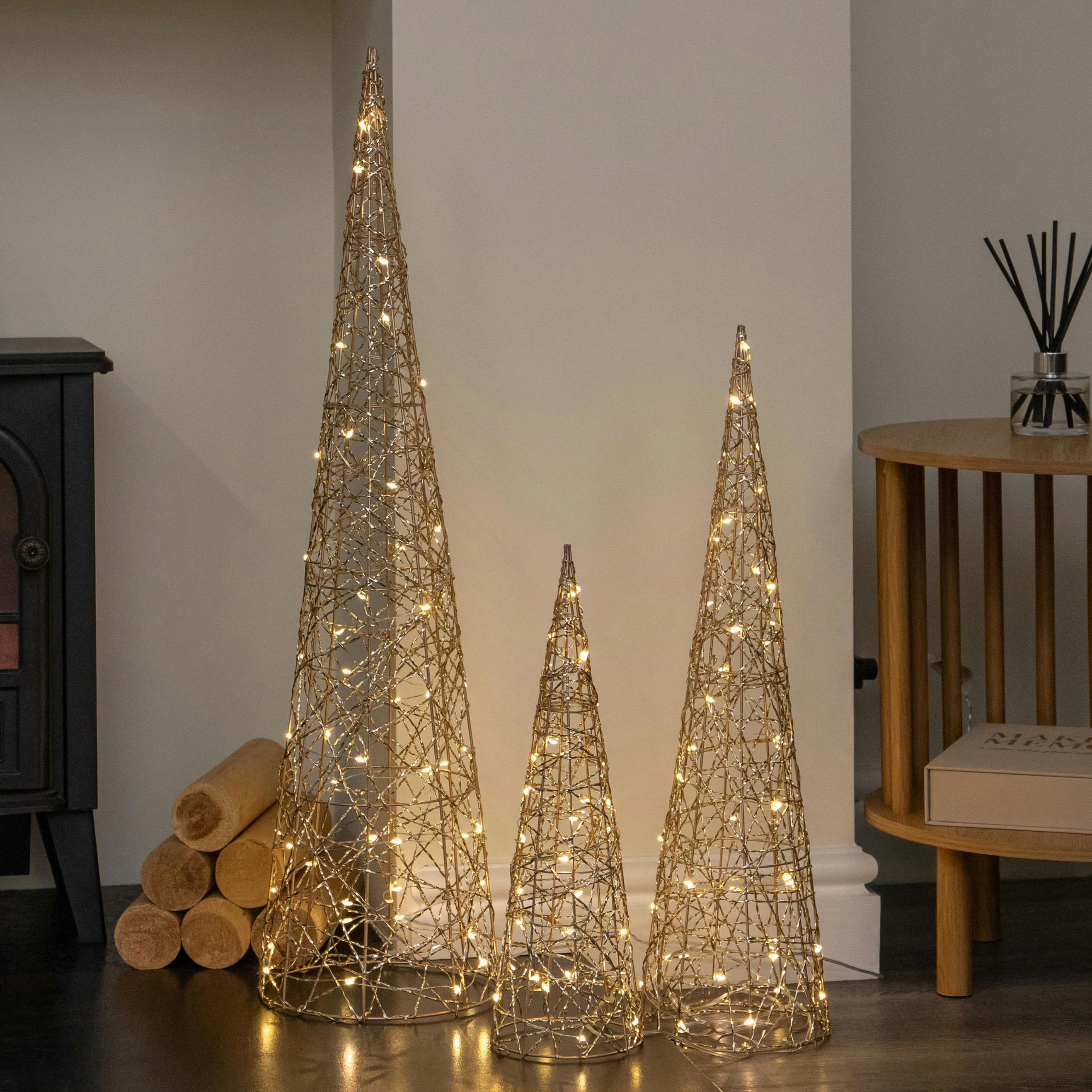 Samuel Alexander Unisex Gold Set Of 3 Light Up Christmas Cones Decorations - Image 4