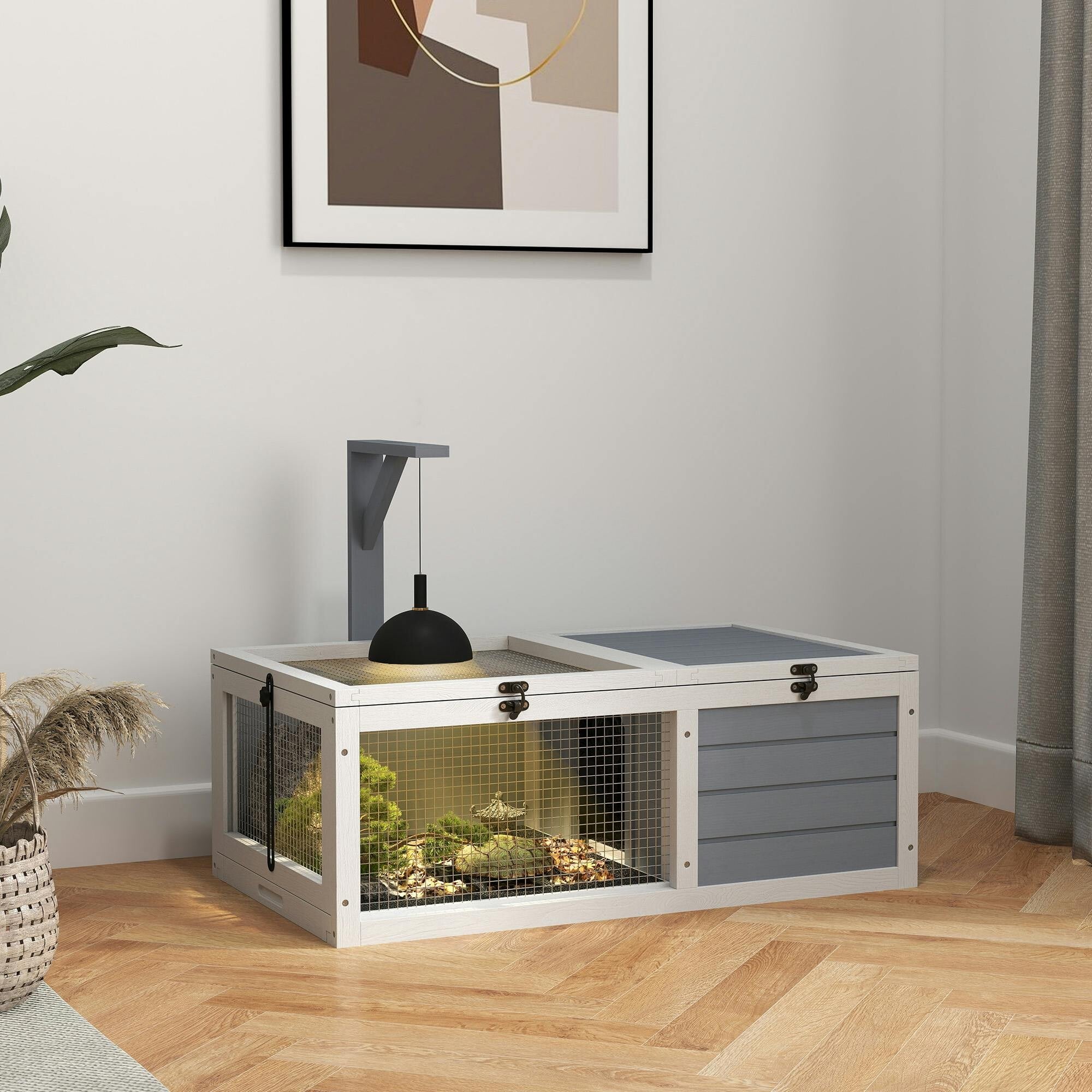 Pawhut Unisex Light Grey Tortoise Enclosure W/ Run, Lamp Holder, Pull Out Trays, Hideaway In - Image 3