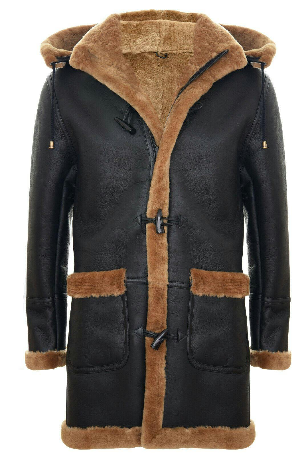 Infinity Leather Men's Brown Winter Sheepskin Hooded Duffle Coat-Helsinki - Ginger - Uk M | Eu 48 | Us 38