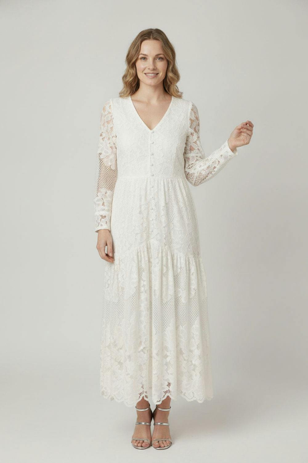 Izabel London White Semi Sheer Lace Long Sleeve Maxi Dress - 16