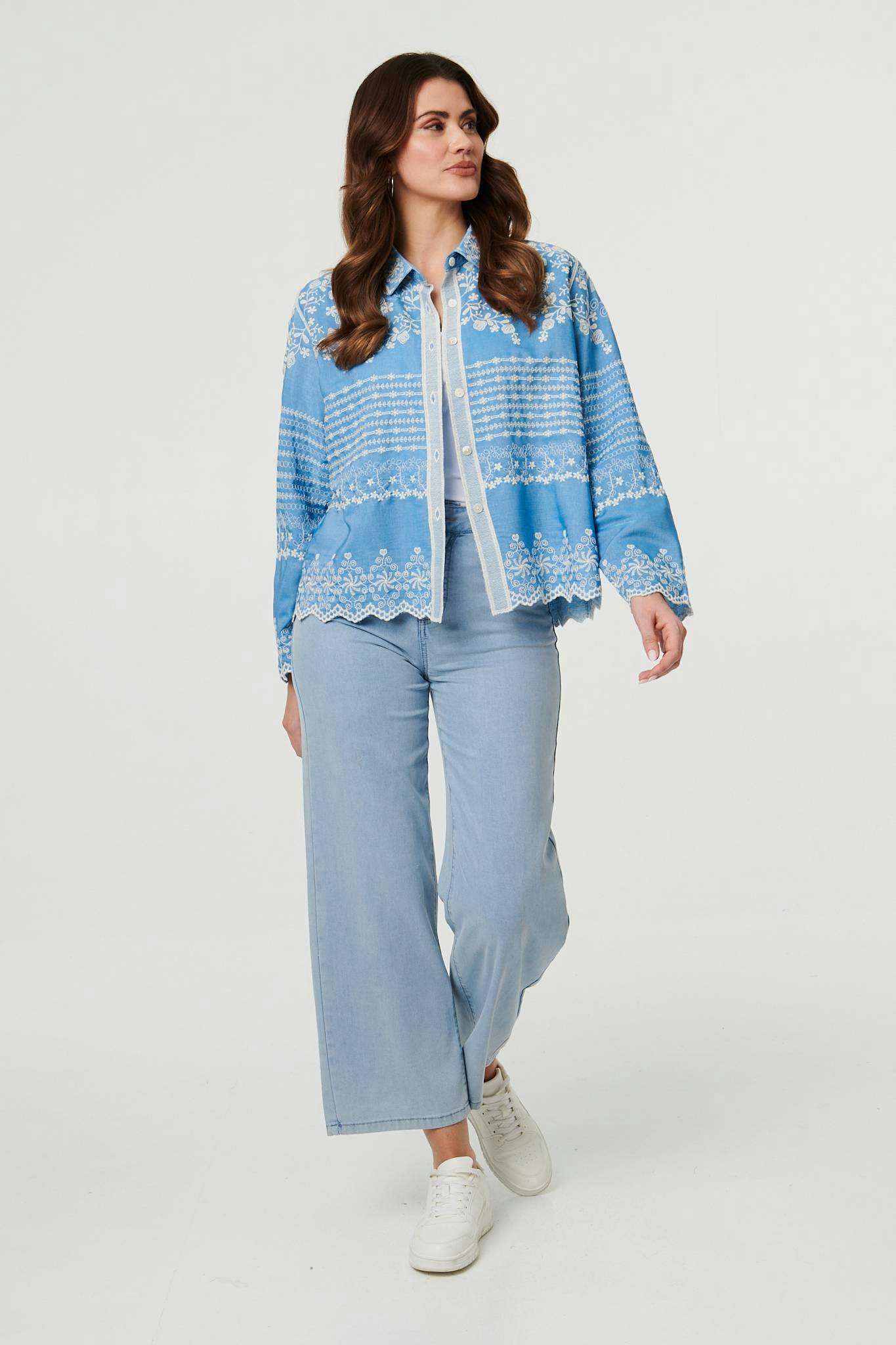 Izabel London Blue Embroidered Lace Trim Long Sleeve Shirt - S/M